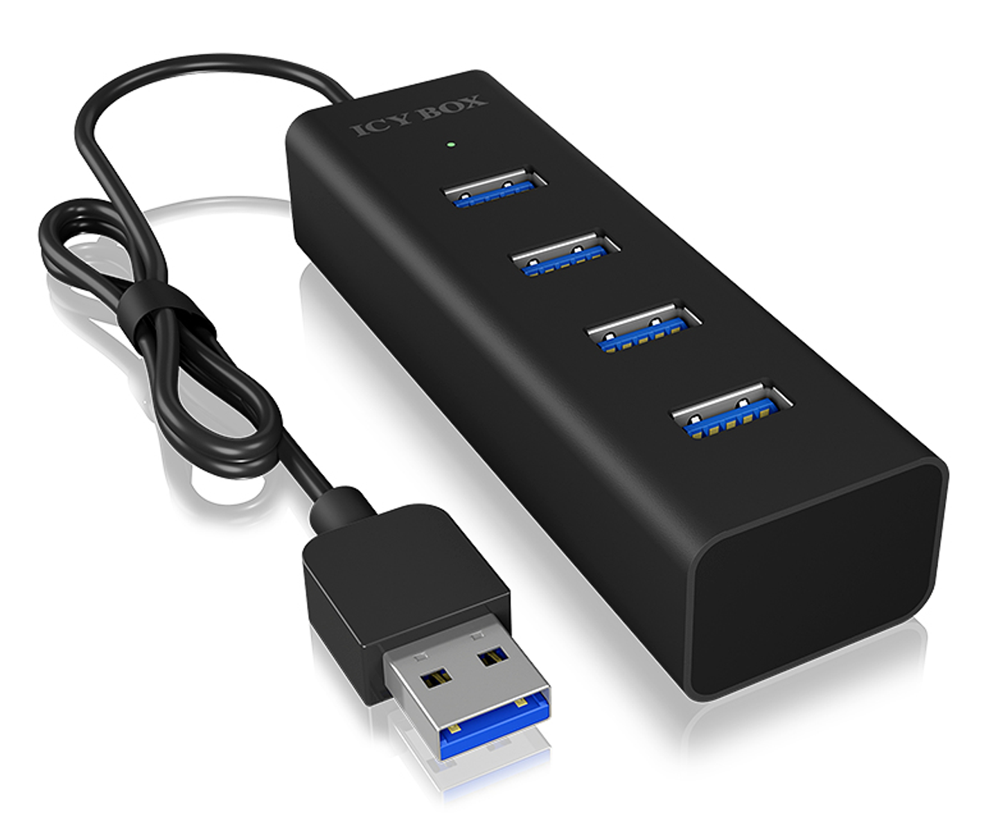 Hub USB nero con quattro porte e un cavo.