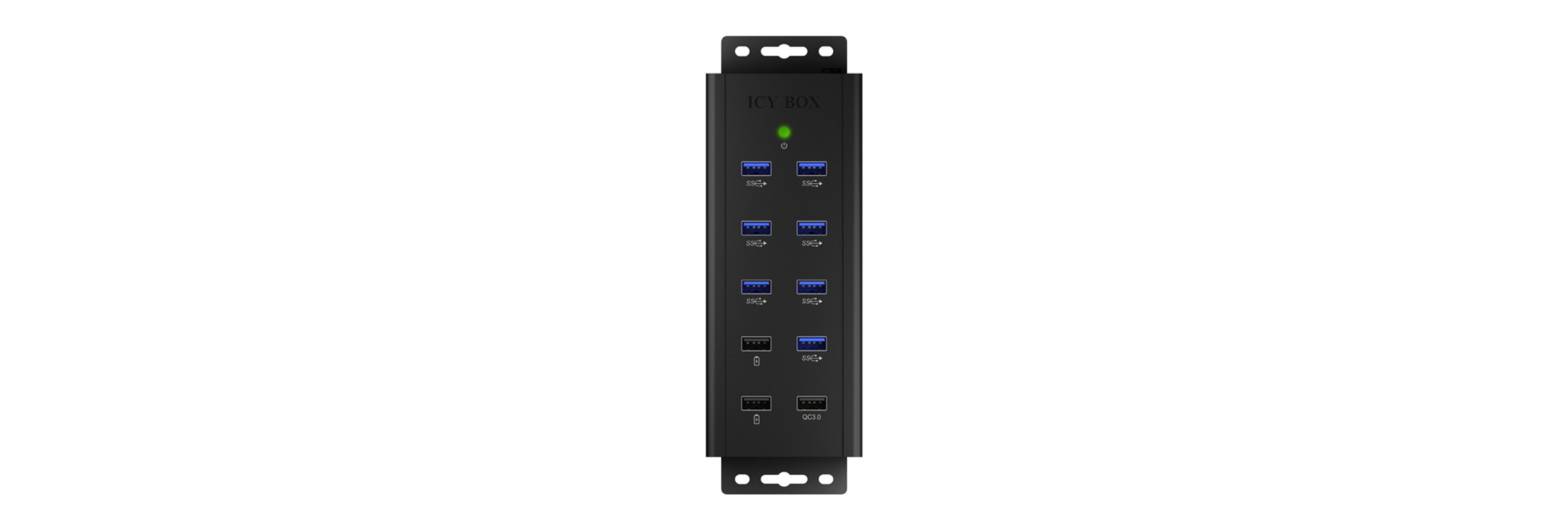 Schwarze Icy Box mit mehreren USB-Anschlüssen.
