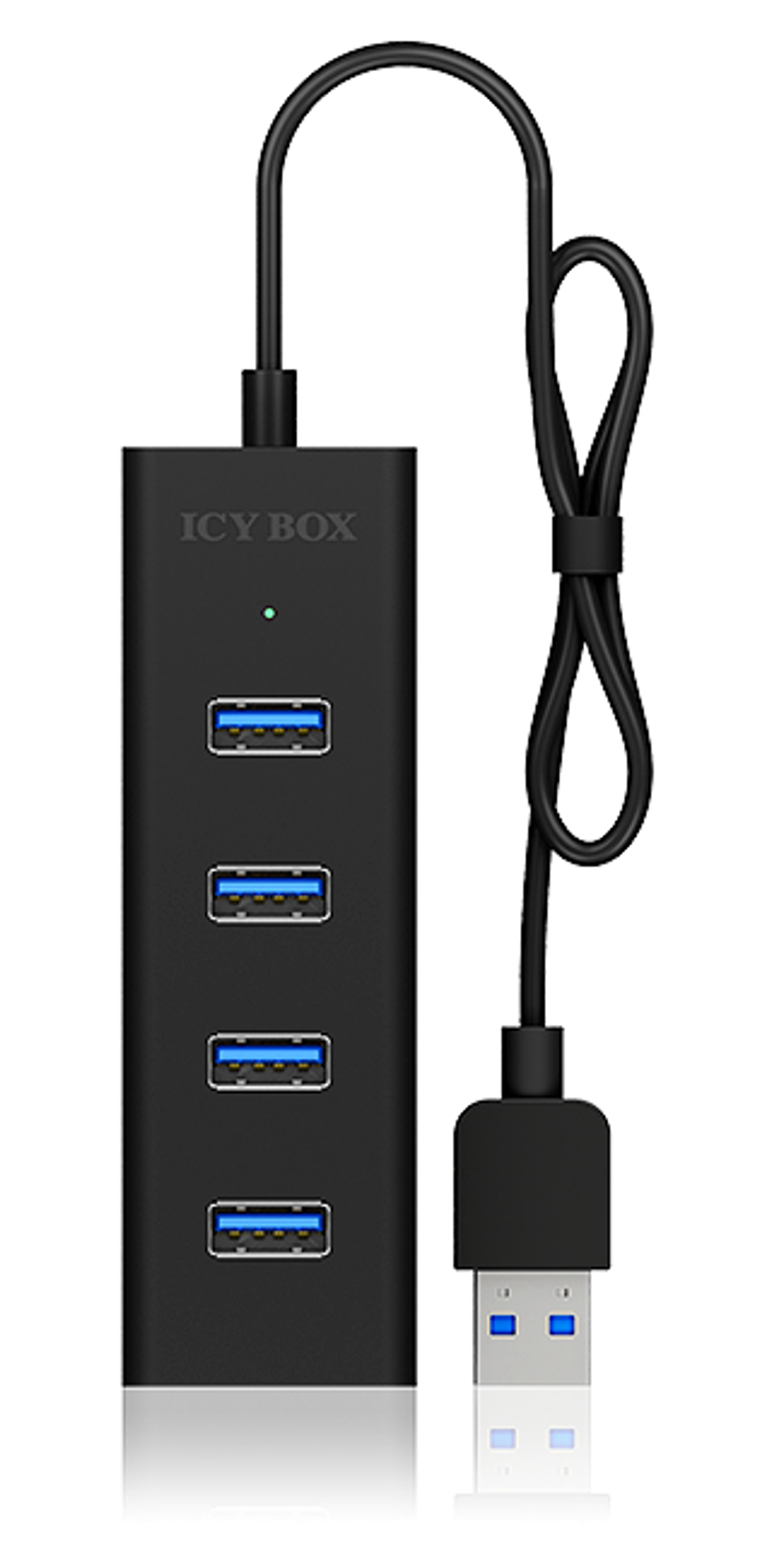 Schwarzer USB-Hub mit vier Anschlüssen und einem schwarzen Kabel.