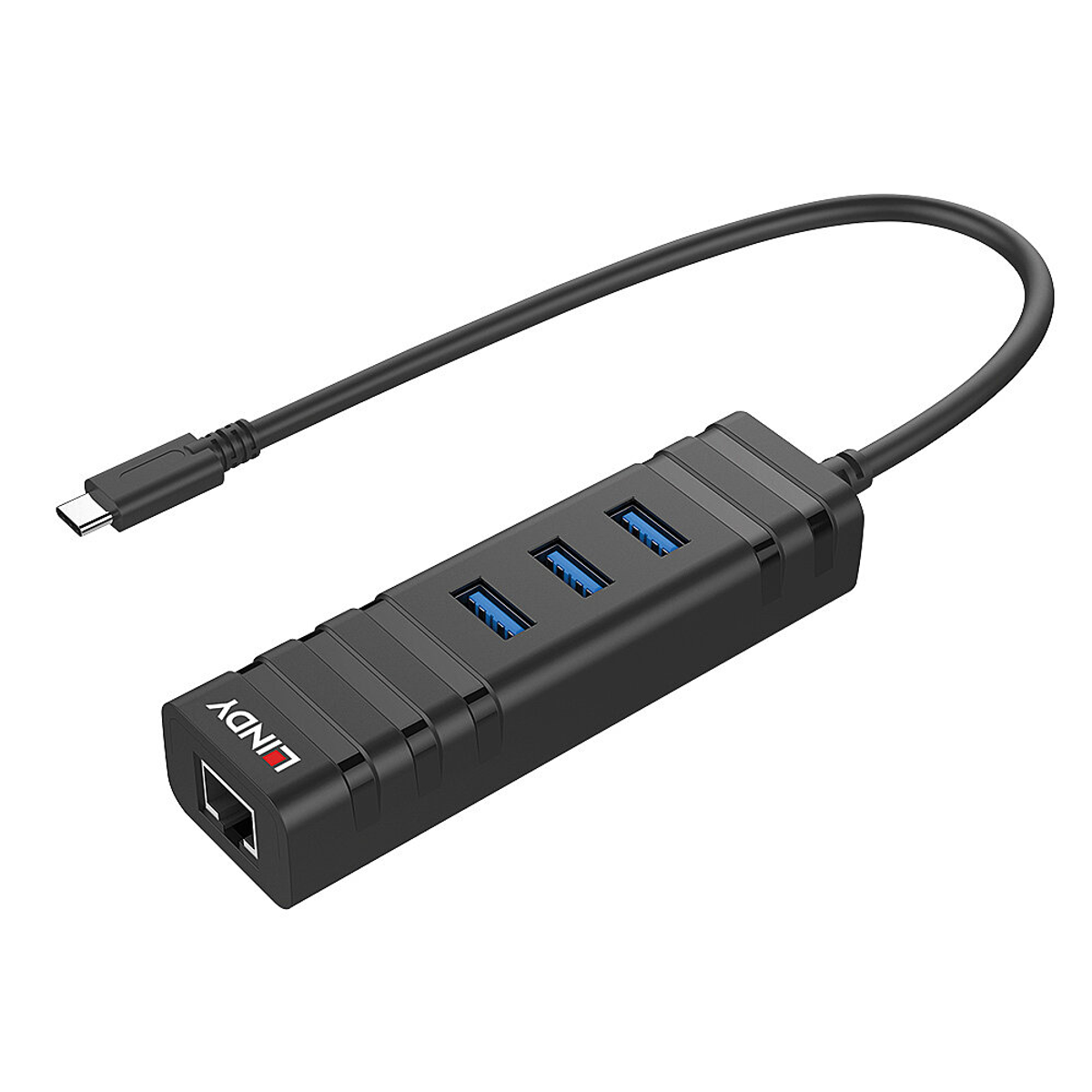 Schwarzer USB-Hub mit vier USB-Anschlüssen und USB-C-Anschluss. Die Marke