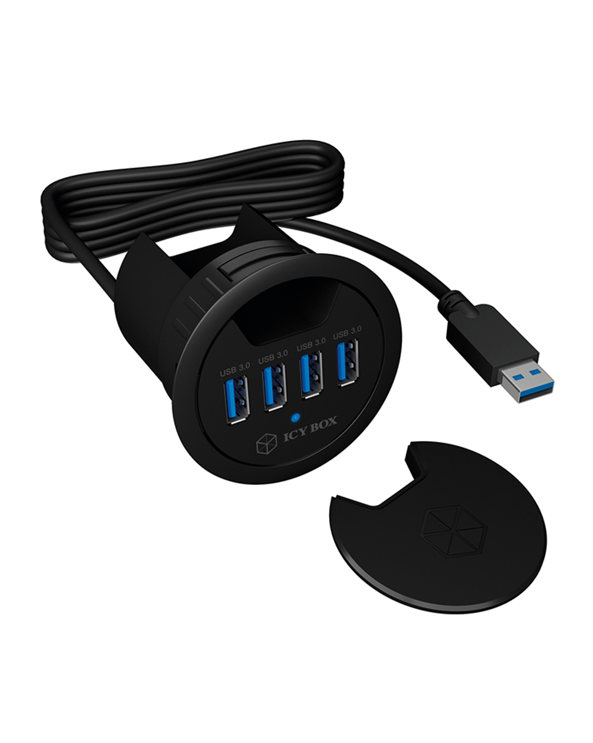 Schwarzer USB-Hub mit vier USB-Anschlüssen. Er hat ein schwarzes Kabel und einen USB-Anschluss.