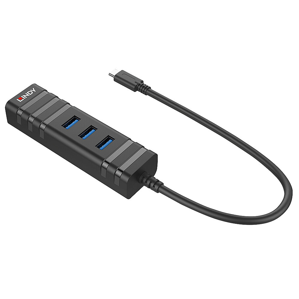 Ein schwarzer USB-Hub mit 3 blauen USB-Anschlüssen und einem USB-C-Kabel. Der Hub hat den Markennamen LINDY.