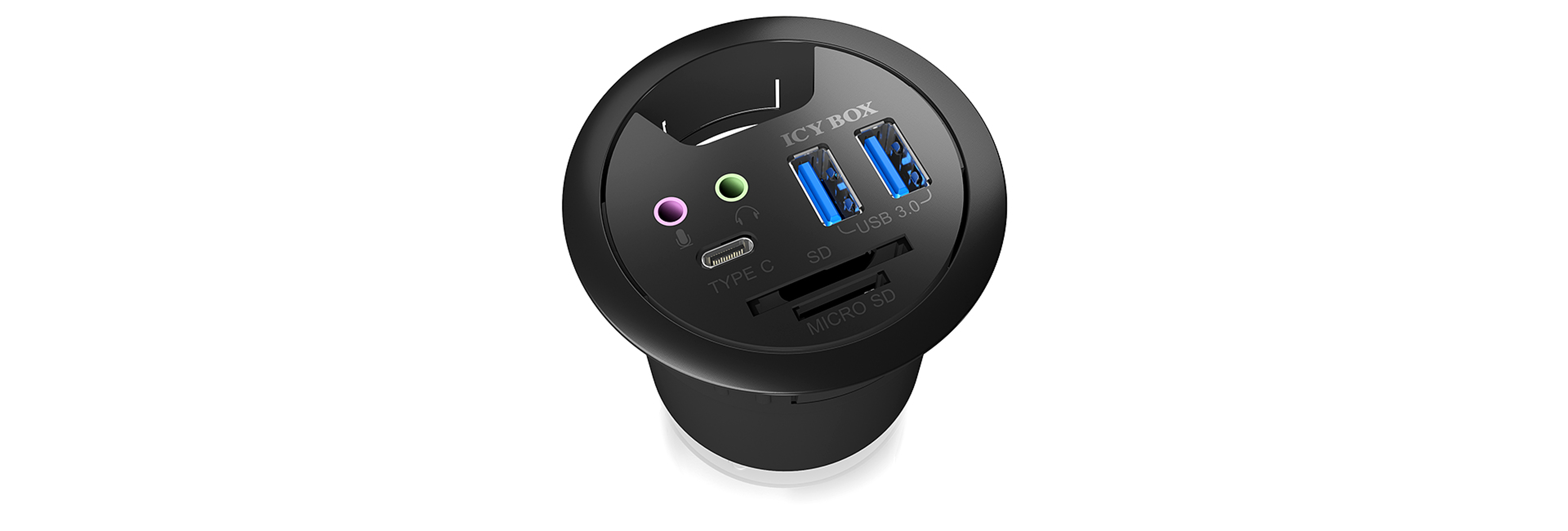 Un dispositivo circolare nero con porte per audio, USB e un lettore di schede. È un componente del computer.