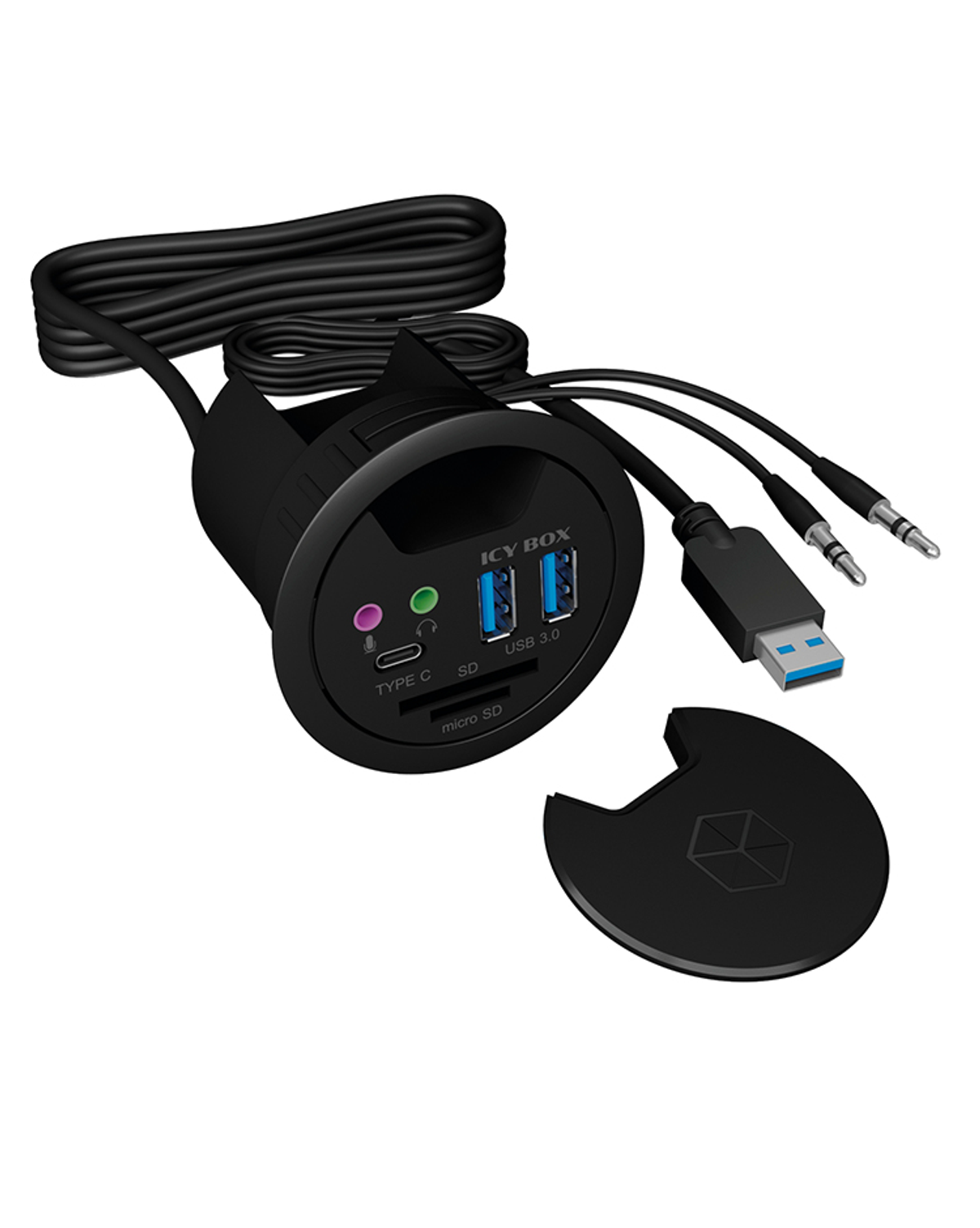 Hub USB nero con più porte, microfono e jack audio. Include uno slot Micro SD.