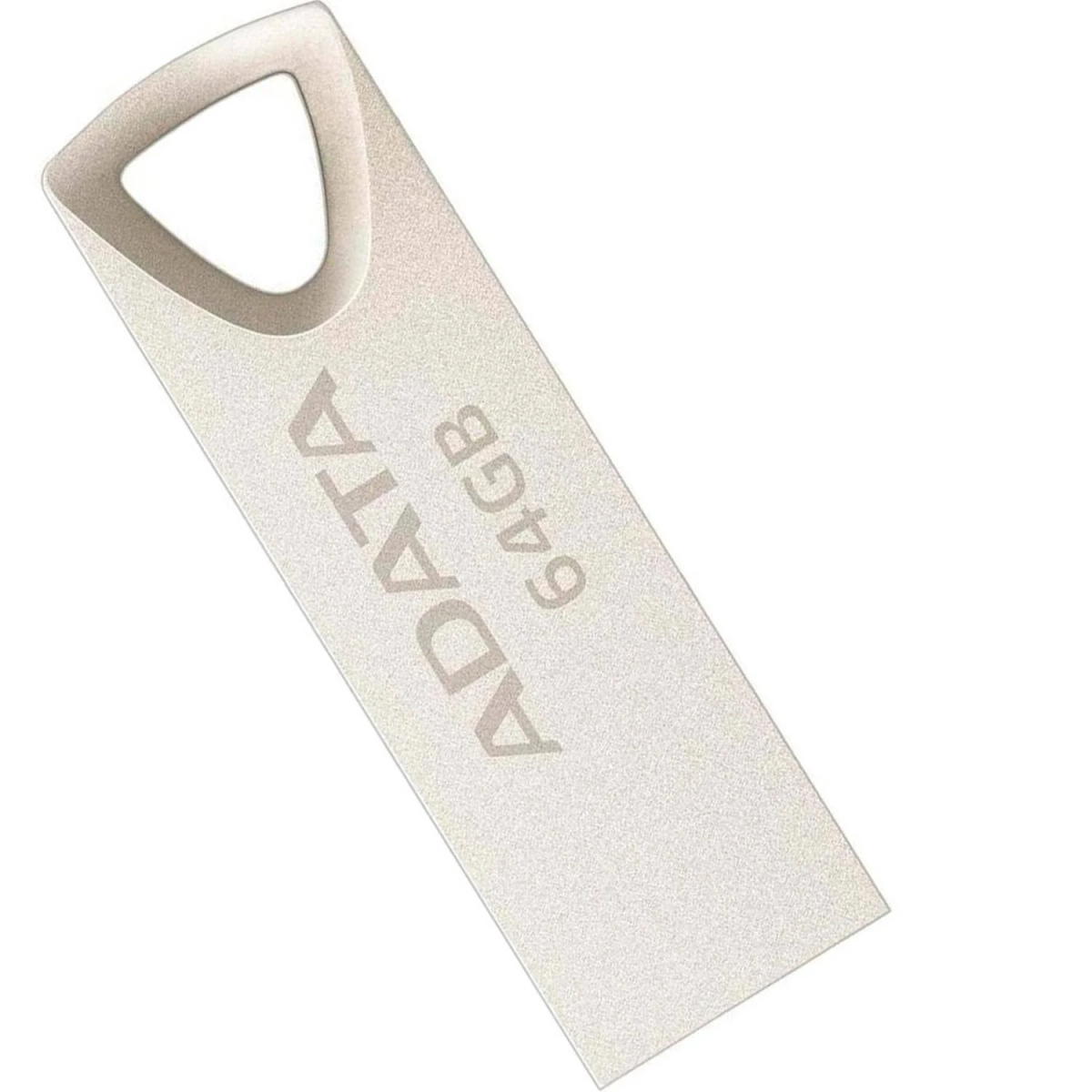 Srebrny pendrive USB z oznaczeniami ADATA i 64 GB.