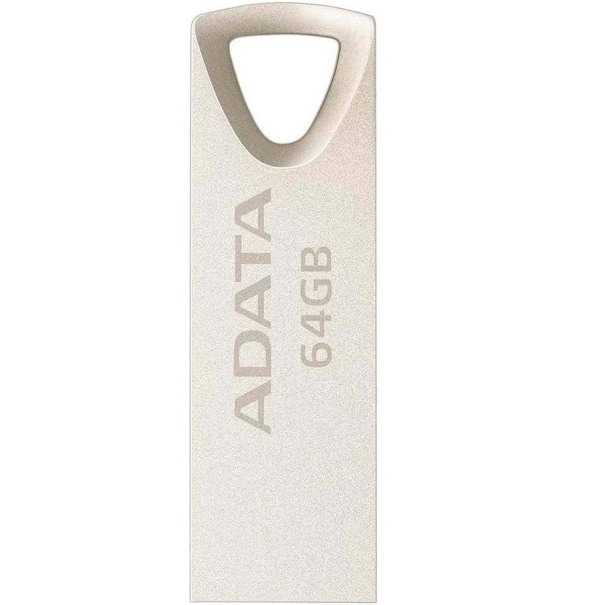 Srebrny pendrive USB. Tekst "ADATA 64GB" jest na nim wydrukowany.