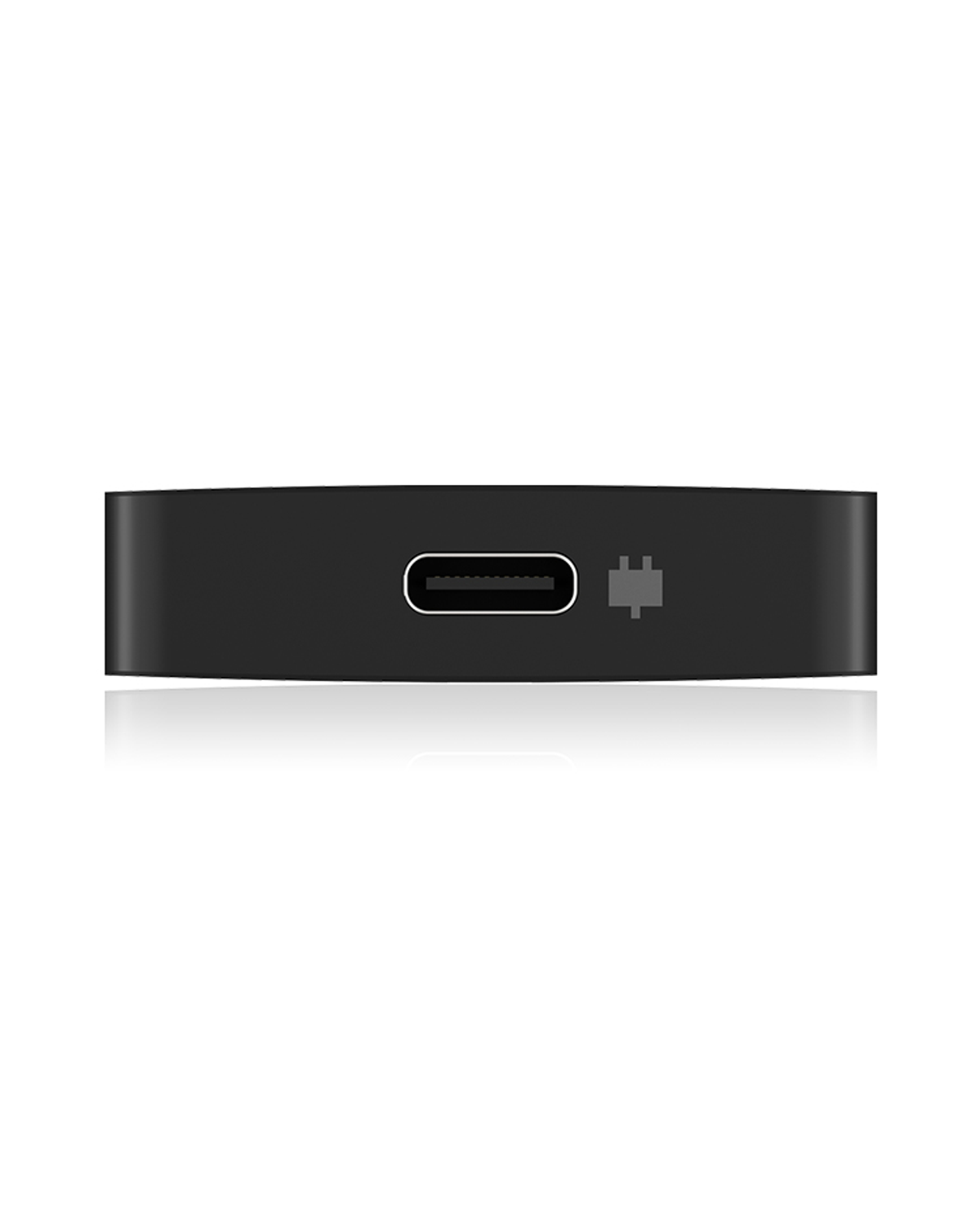 Schwarzes Gerät mit USB-C-Anschluss und anderem Anschluss, auf weißem Grund.