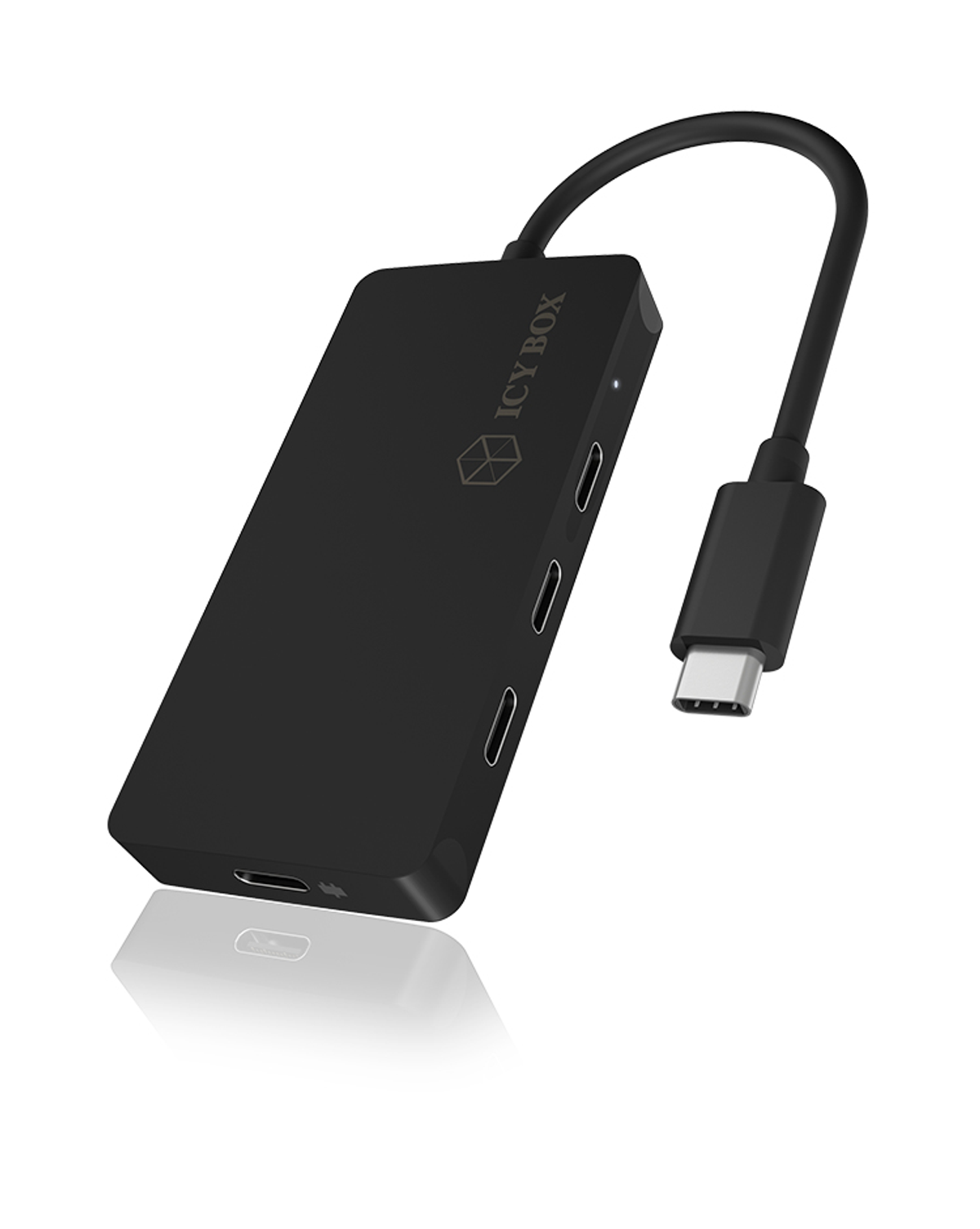 Schwarzer ICY BOX USB-C Hub mit mehreren Anschlüssen, auf weißem Hintergrund.