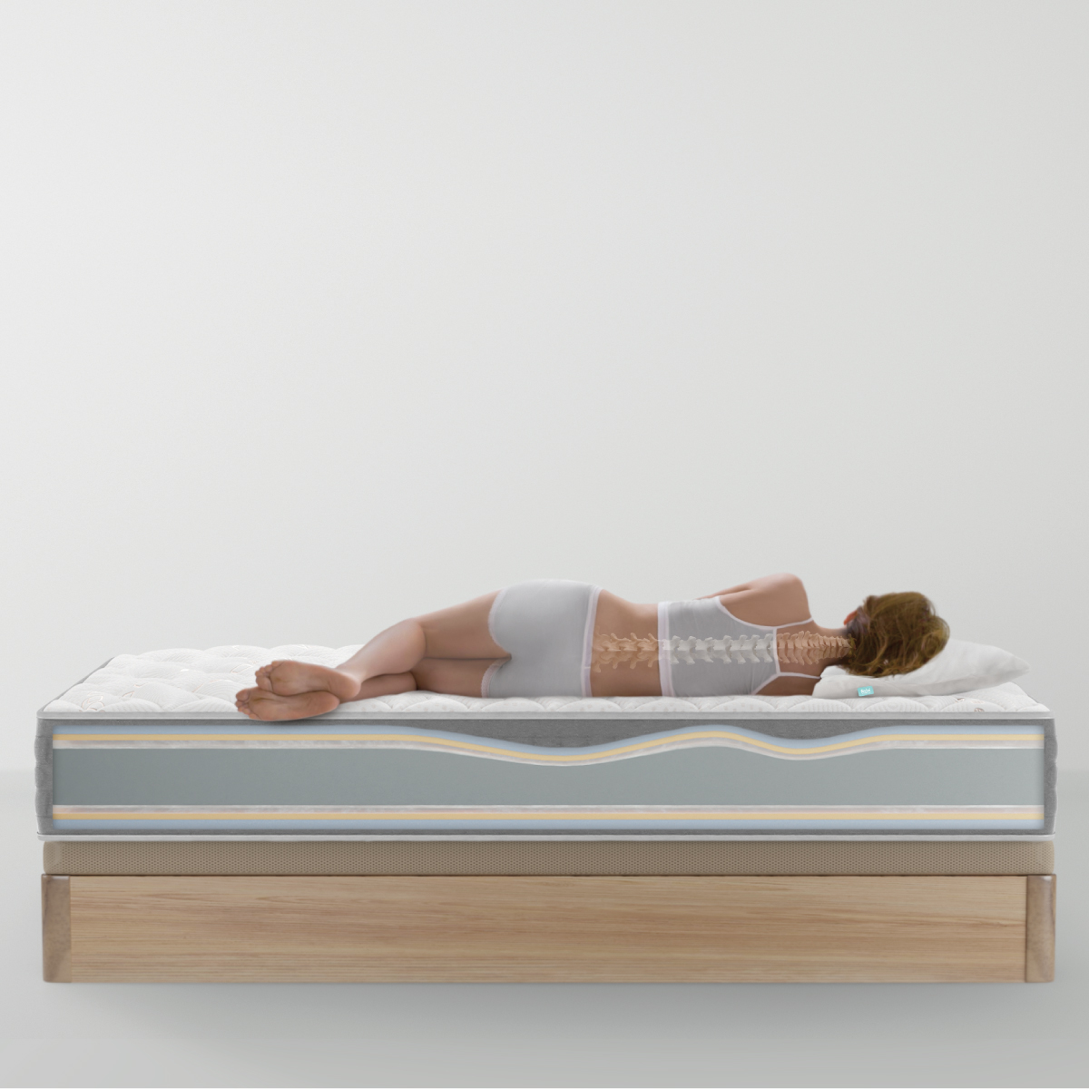 Una persona acostada en una cama con un diagrama esquelético, mostrando la alineación espinal.