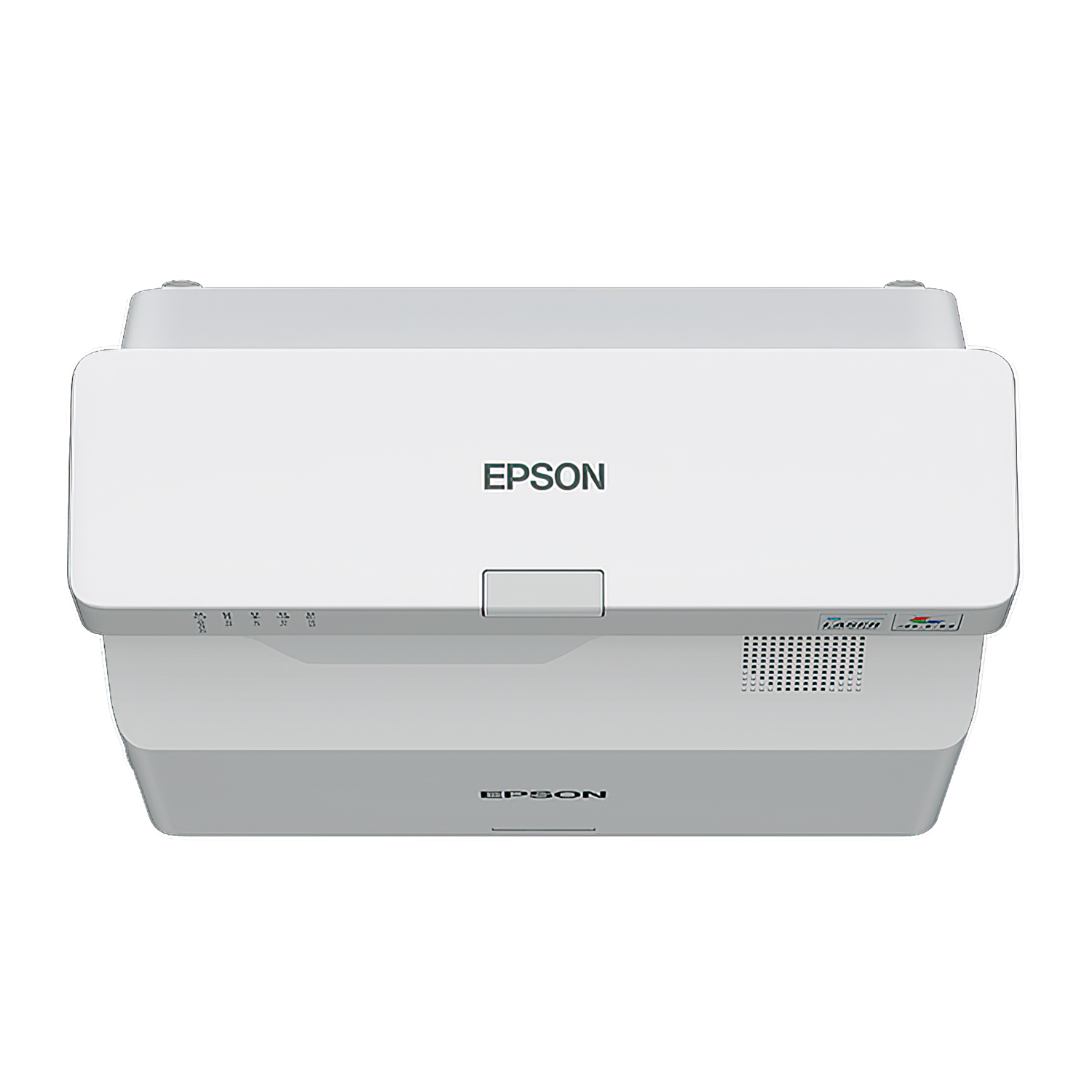 Die Draufsicht auf einen weißen Epson-Projektor, der Markenname ist sichtbar.