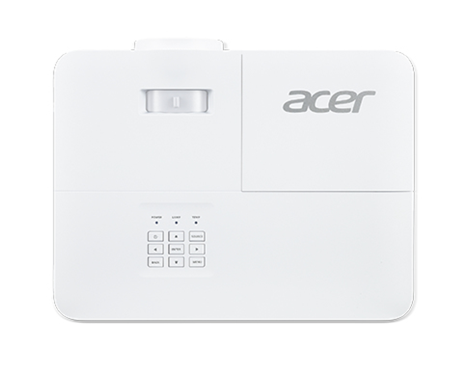 Proiettore bianco con pulsanti e logo Acer. Sfondo bianco.
