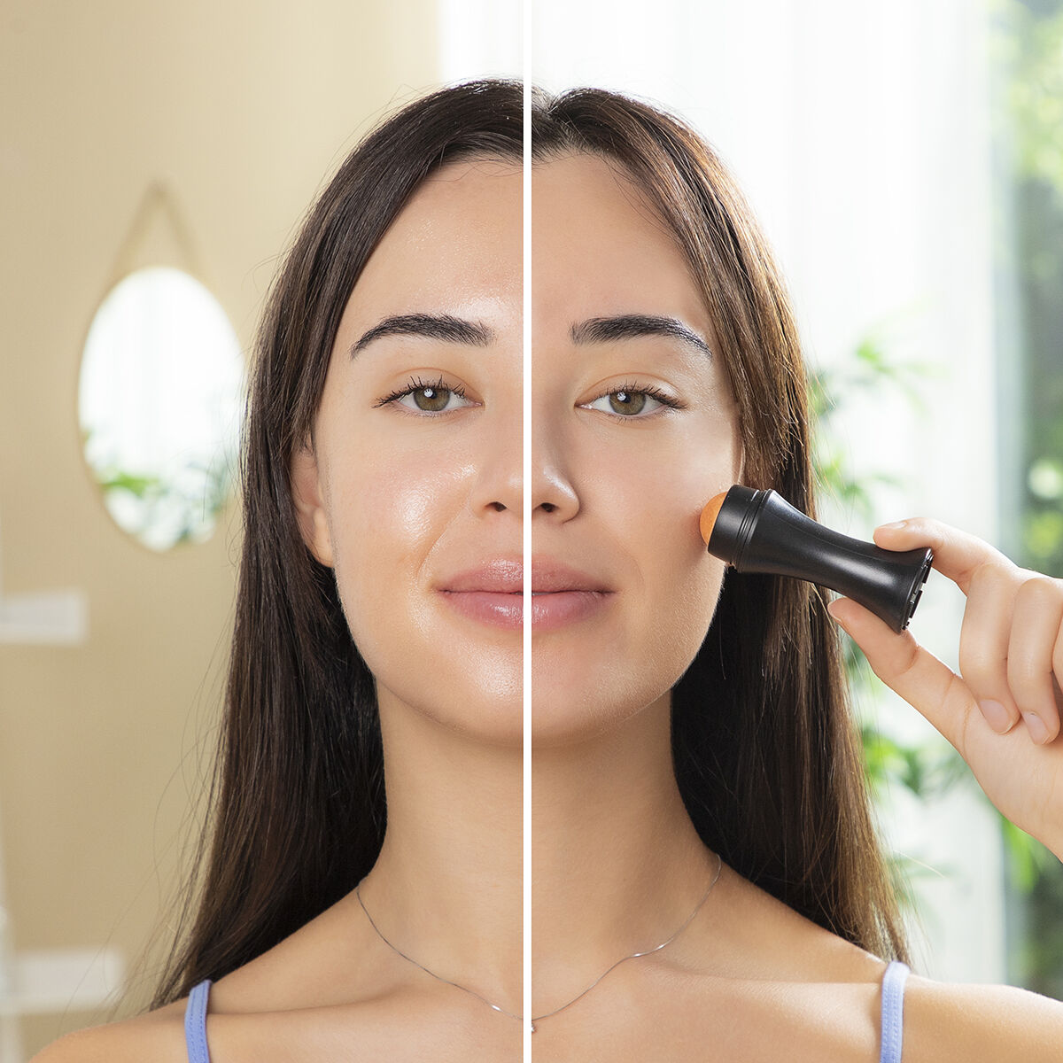 Il volto di una donna diviso a metà. Un lato prima del trucco, l'altro dopo.