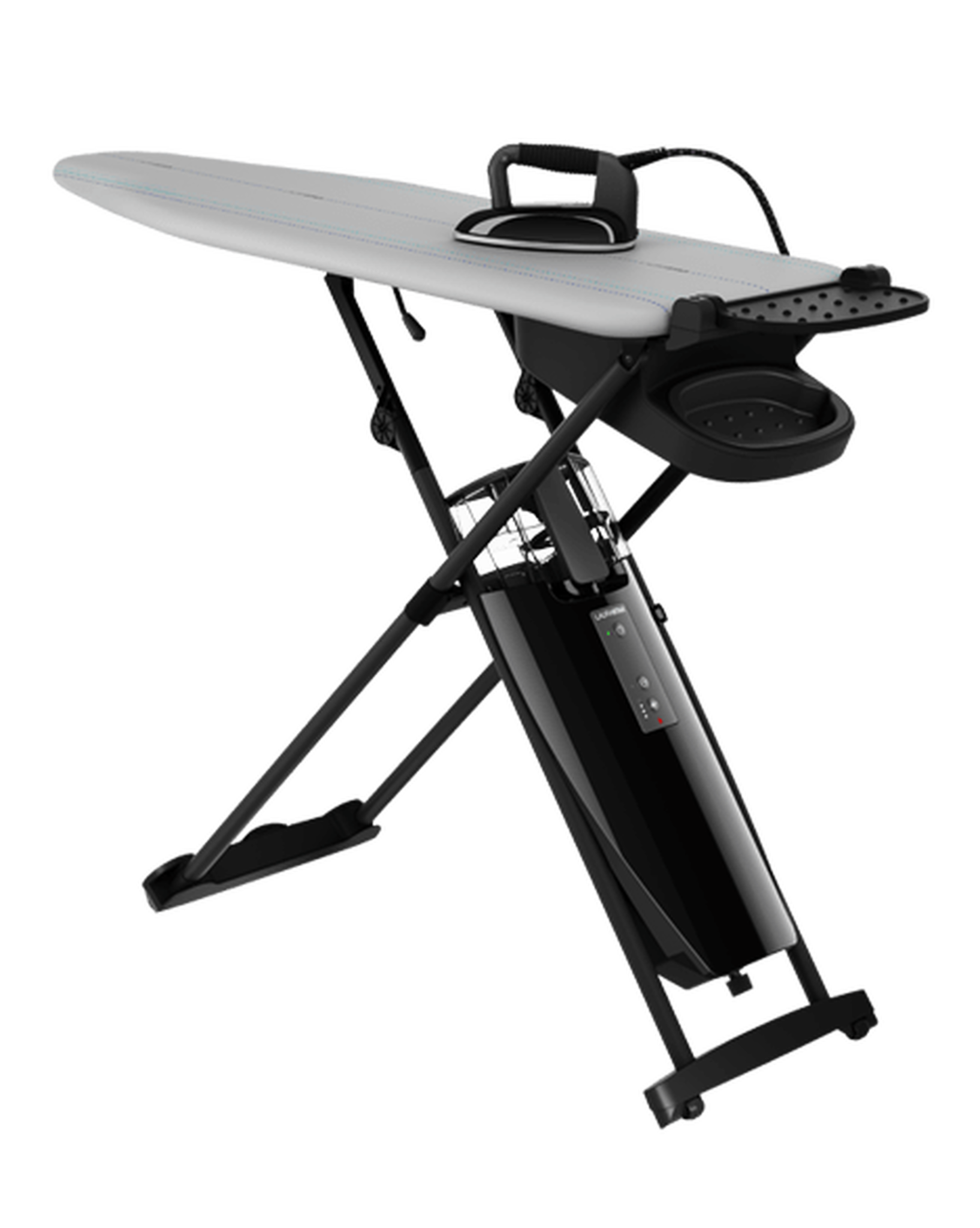 Deska do prasowania z żelazkiem. Czarna rama. Biała deska. Czarne tło.