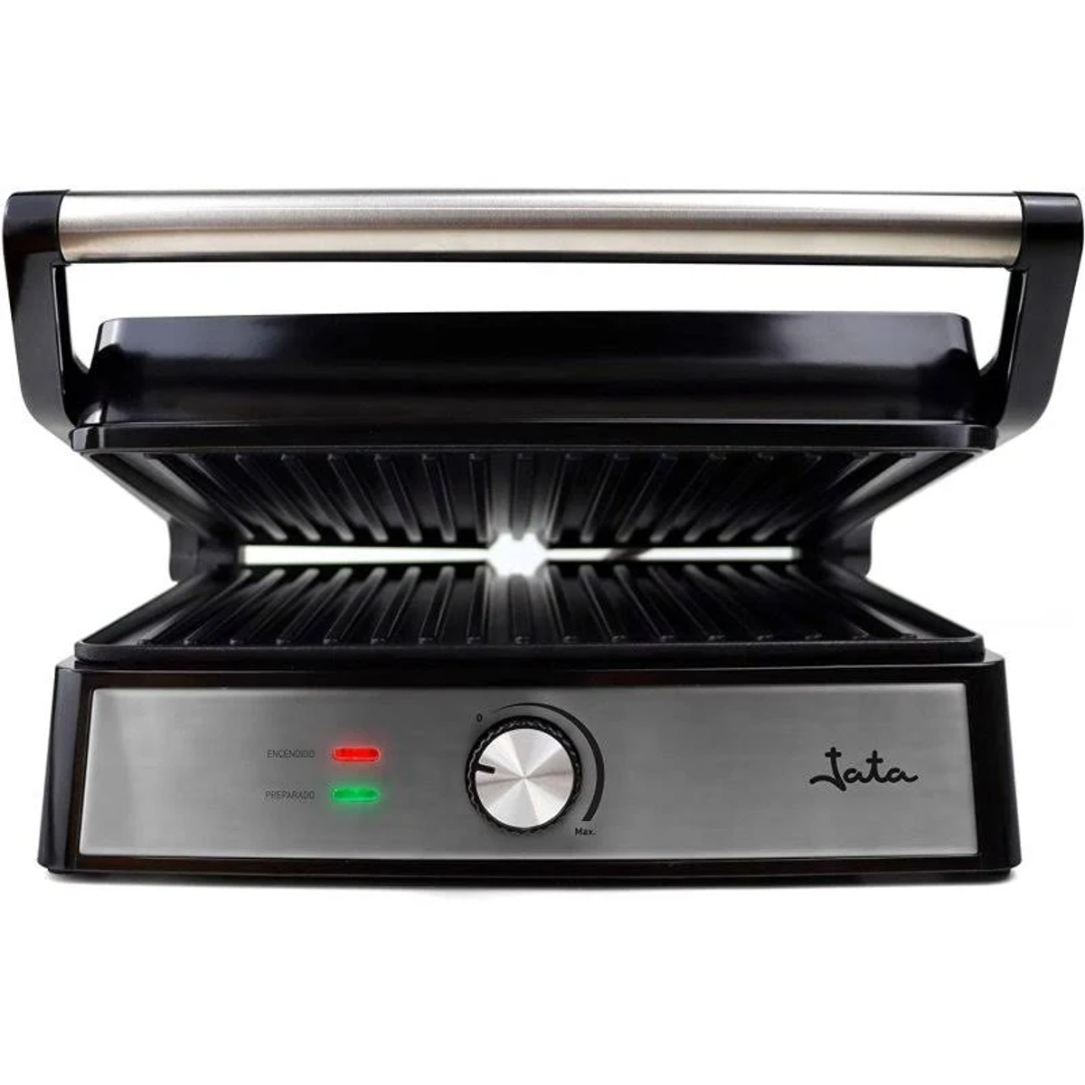 Parrilla Jata negra y plateada. La parrilla está abierta, mostrando la superficie. Tiene un asa.