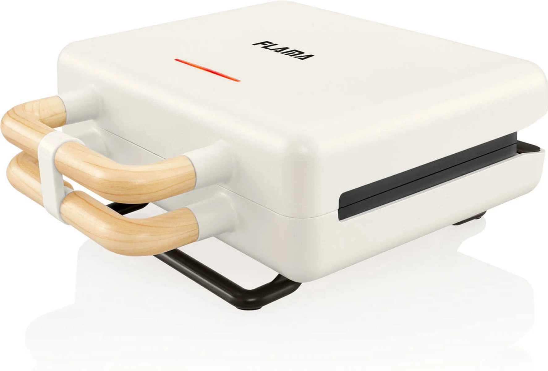 Biała gofrownica z drewnianymi uchwytami. Słowo FLAMA jest widoczne.