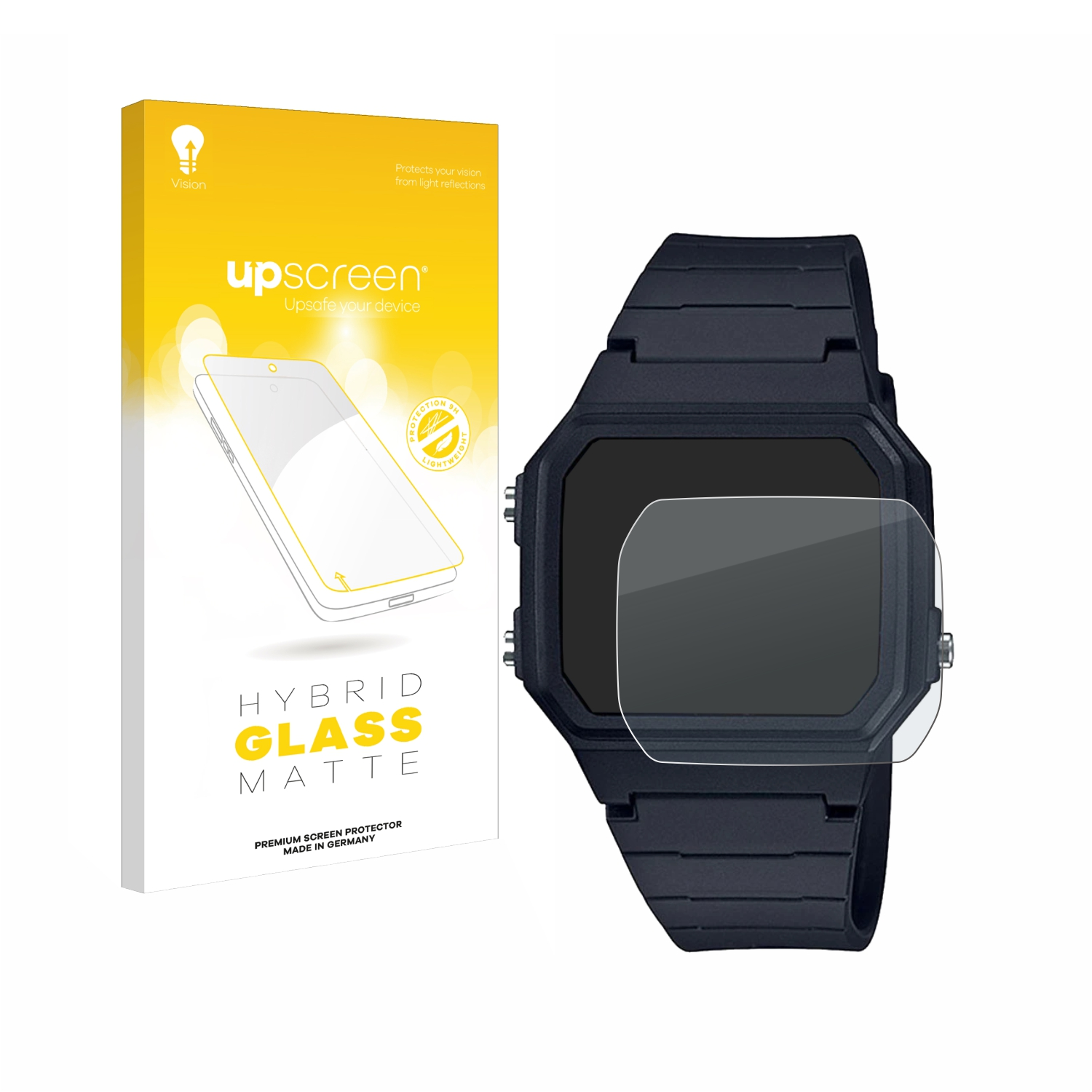Verpackung für Displayschutzfolie neben schwarzer Smartwatch mit aufgetragener Folie.