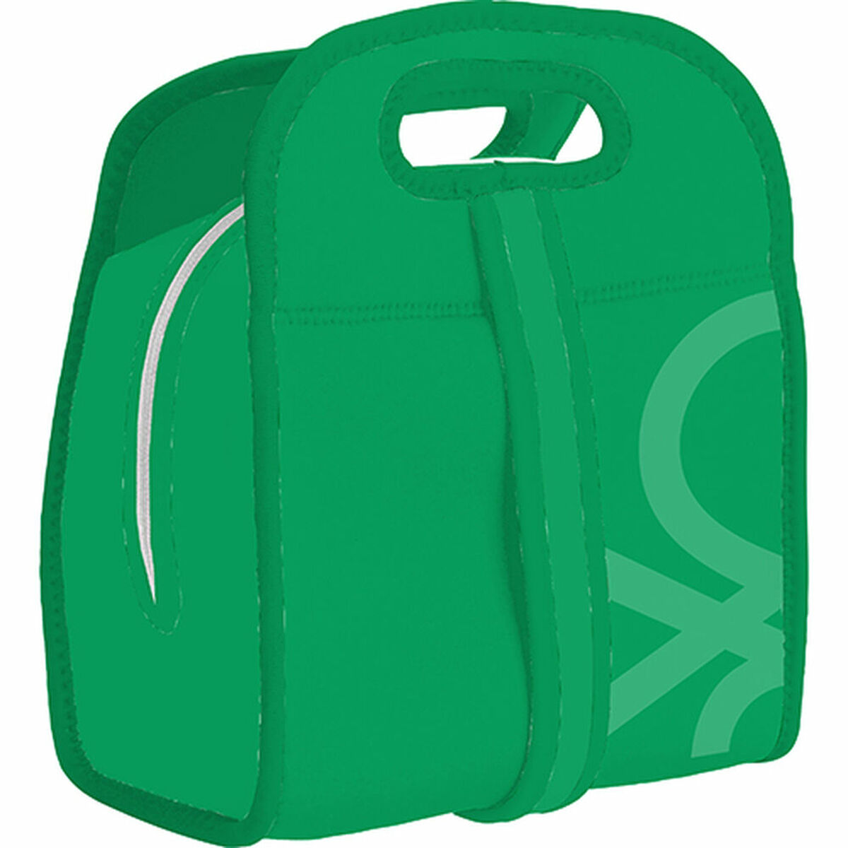 Bolsa de almuerzo verde con asa y una línea blanca, vista lateral.