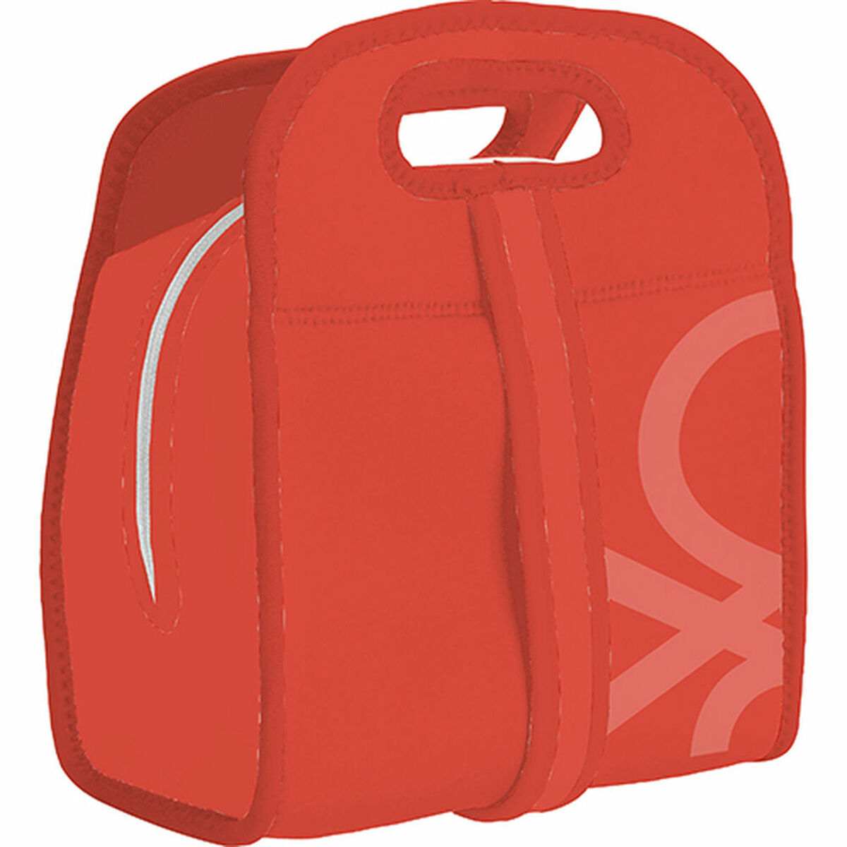 Bolsa de almuerzo roja con asa y logotipo. Tiene una raya blanca en el lateral y una correa de mochila.
