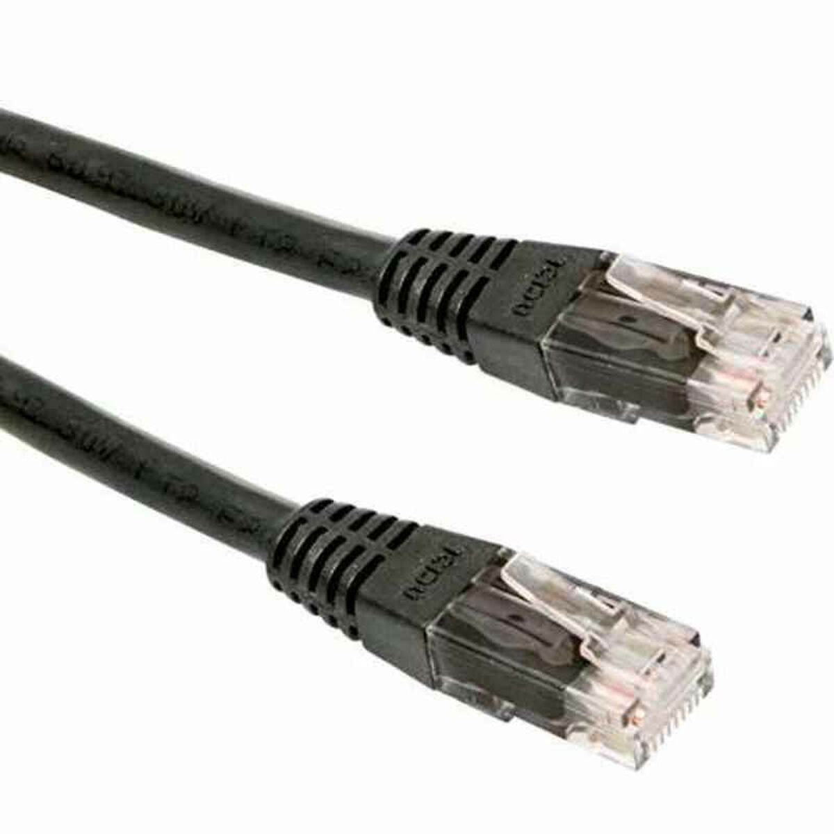 Due cavi ethernet neri con connettori su una superficie bianca, ripresa ravvicinata.
