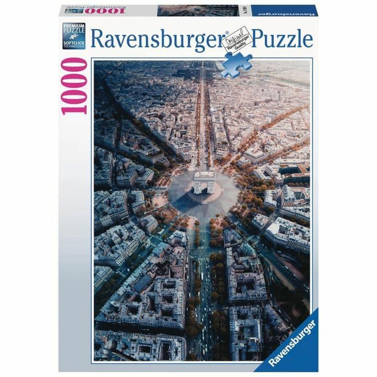Eine Puzzledose mit einer Luftaufnahme von Paris mit dem Arc de Triomphe im Zentrum.