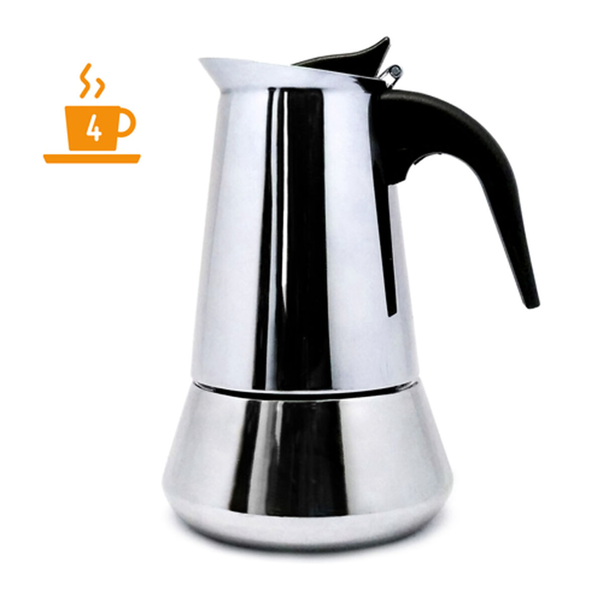 Una caffettiera in acciaio inossidabile con manico nero. Un'icona arancione mostra una tazza e il numero 4.