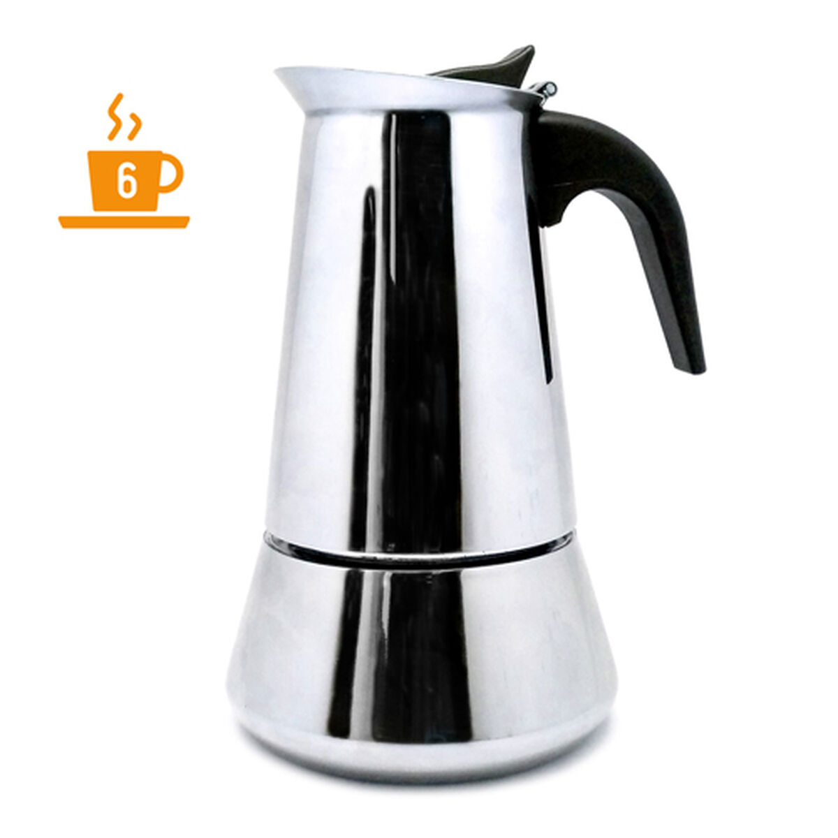 Caffettiera espresso argentata con manico nero, isolata su sfondo bianco.