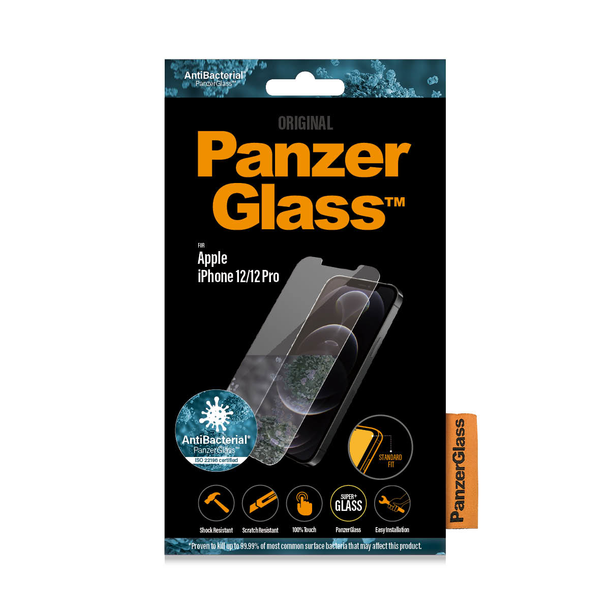 PanzerGlass schermbeschermerverpakking voor Apple iPhone 12/12 Pro. Het toont een telefoon en een glazen beschermer.