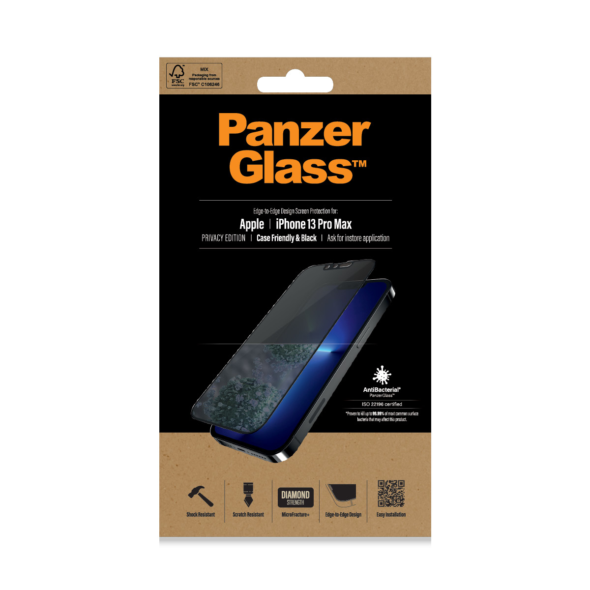Confezione per un proteggi schermo Panzer Glass. Mostra telefono e protezione con branding.