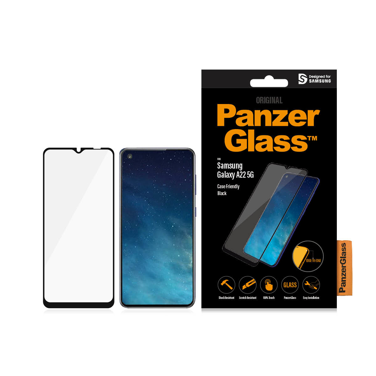 Ochrona ekranu telefonu i pudełko Samsung Galaxy A22 5G. Marka to PanzerGlass.