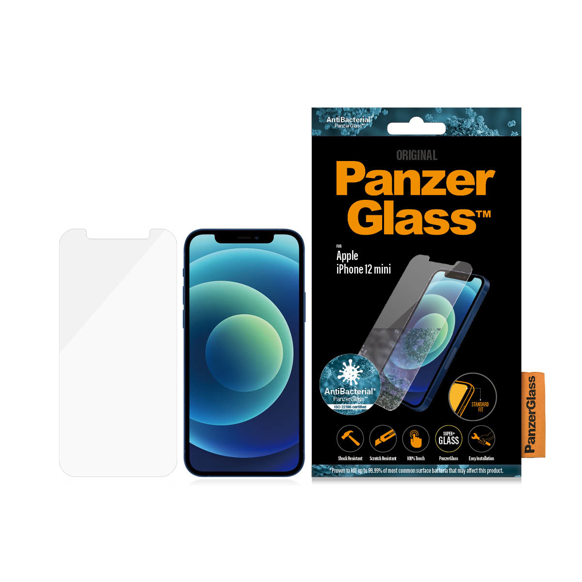 Protezione schermo PanzerGlass per iPhone 12 mini. Protezione e telefono mostrati separatamente.