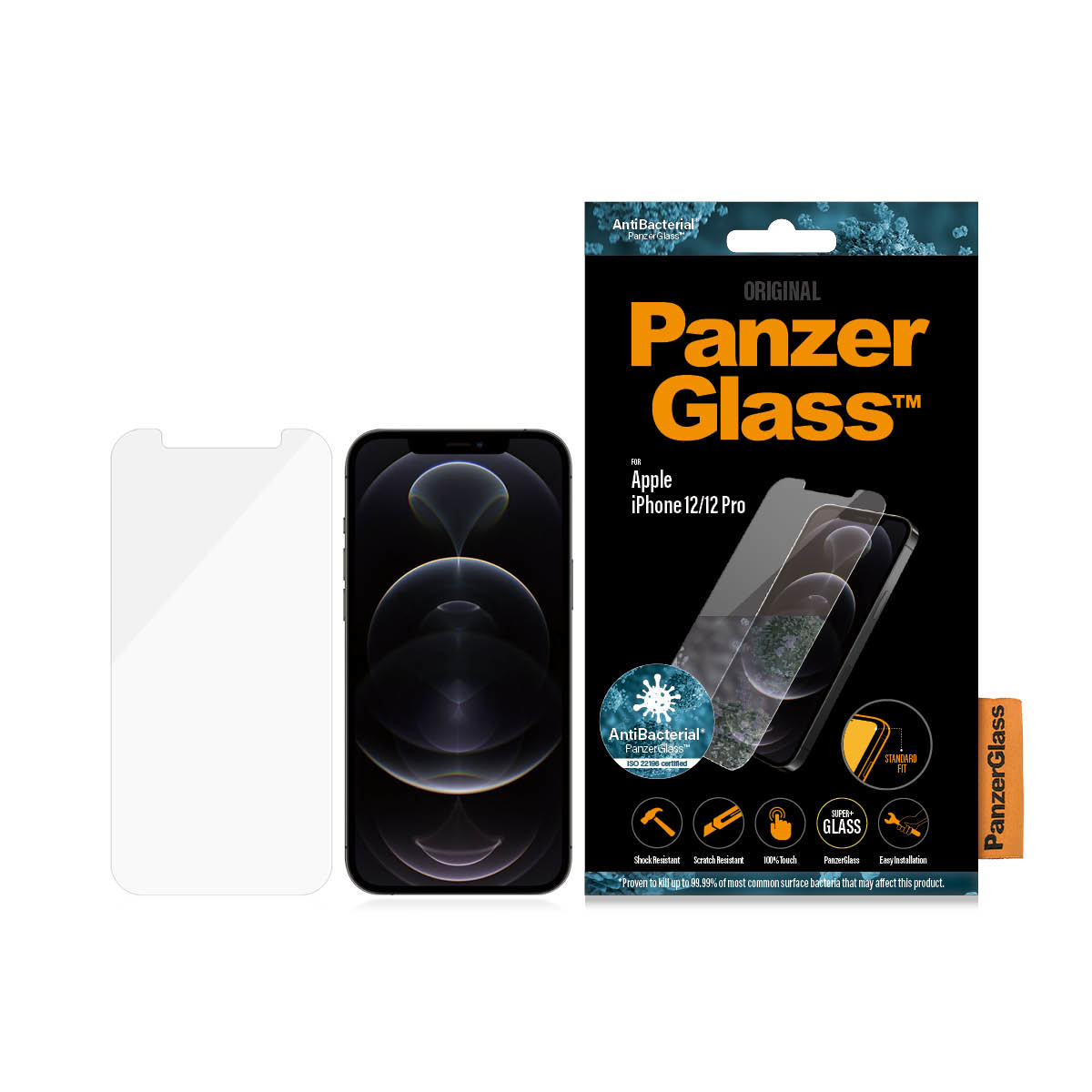 Apple iPhone 12/12 Pro schermbeschermer en doos. Het merk is PanzerGlass.