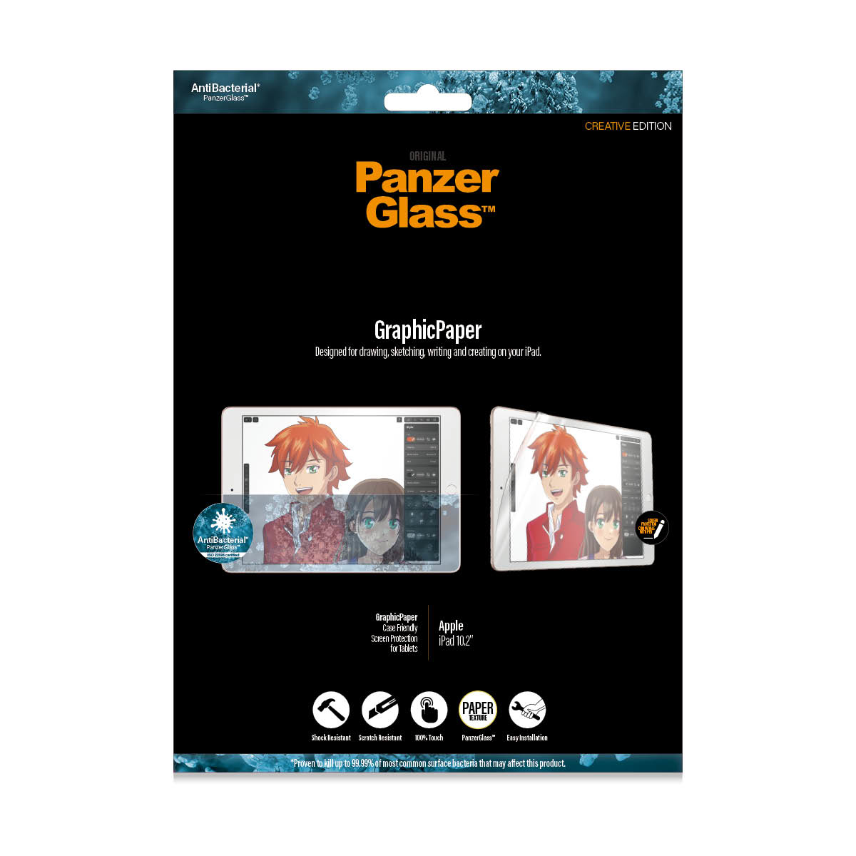 Opakowanie PanzerGlass GraphicPaper dla iPada. Pokazuje iPada z rysunkami i tekstem. Przeznaczone do rysowania.