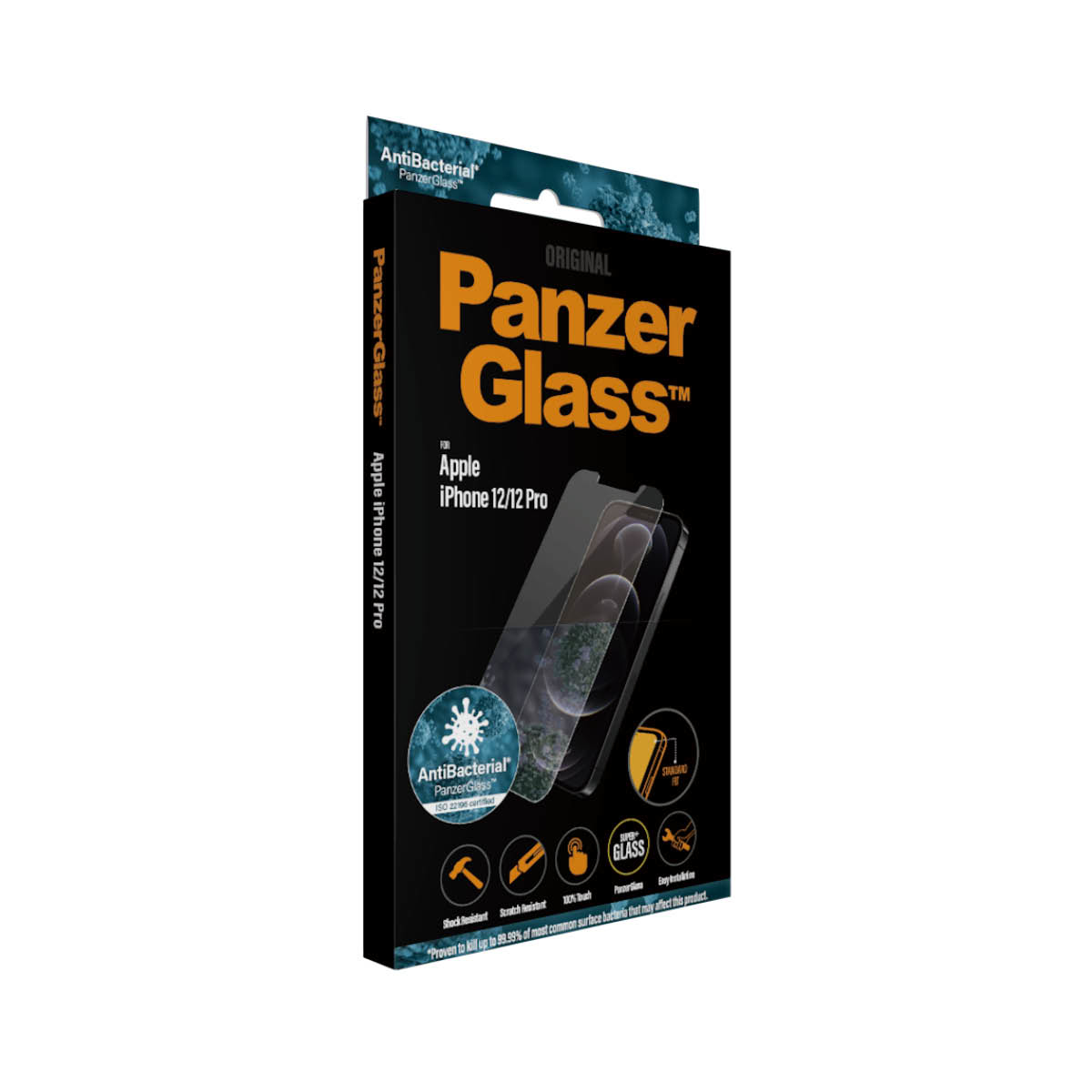 Een zwarte doos met PanzerGlass schermbeschermer voor Apple iPhone 12/12 Pro. Het heeft illustraties.