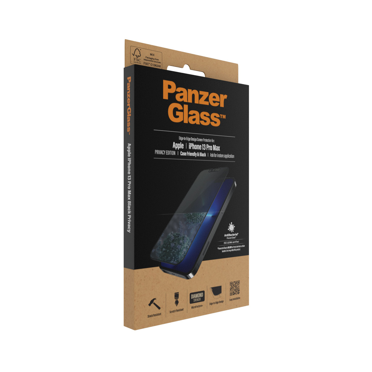 Scatola di protezione schermo PanzerGlass iPhone 13 Pro Max, edizione privacy nera.