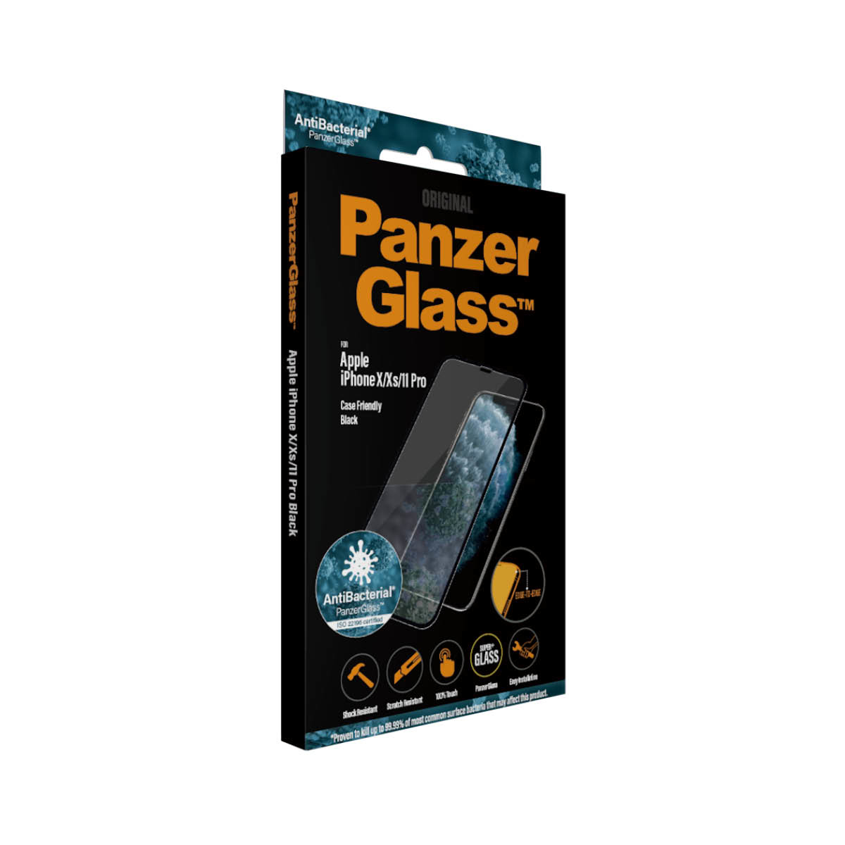 Boîte de protection d'écran PanzerGlass pour Apple iPhone avec design noir et blanc.