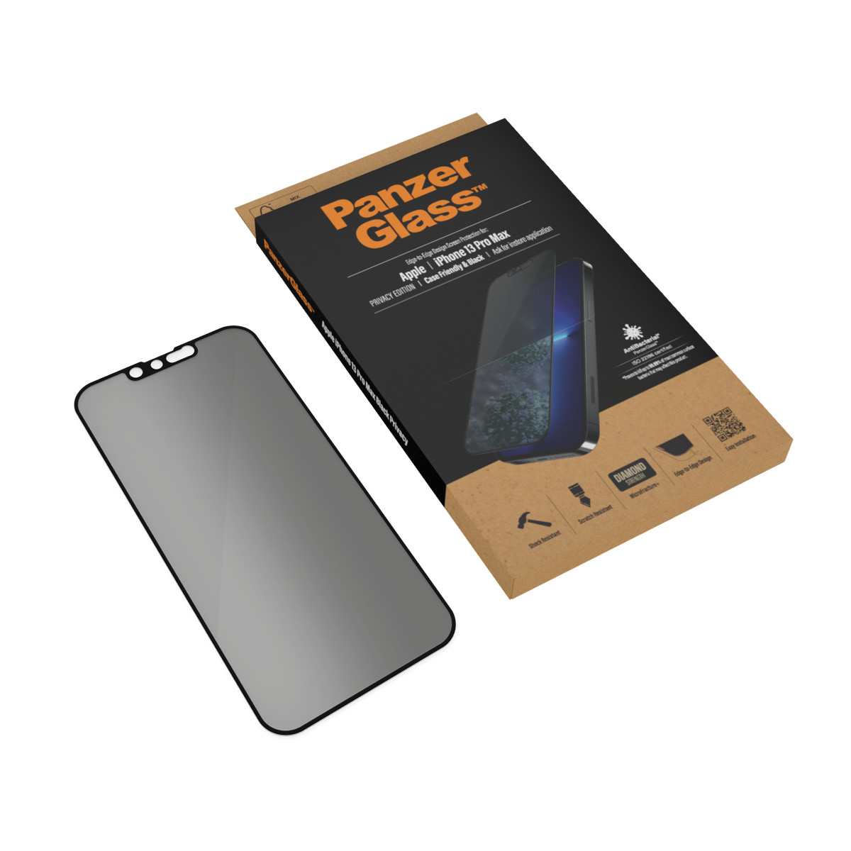Proteggi schermo PanzerGlass per iPhone 13 Pro Max, con scatola e telefono.