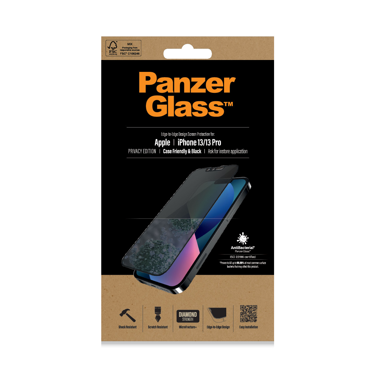 Scatola del proteggi schermo PanzerGlass per iPhone 13/13 Pro, con protezione e telefono.