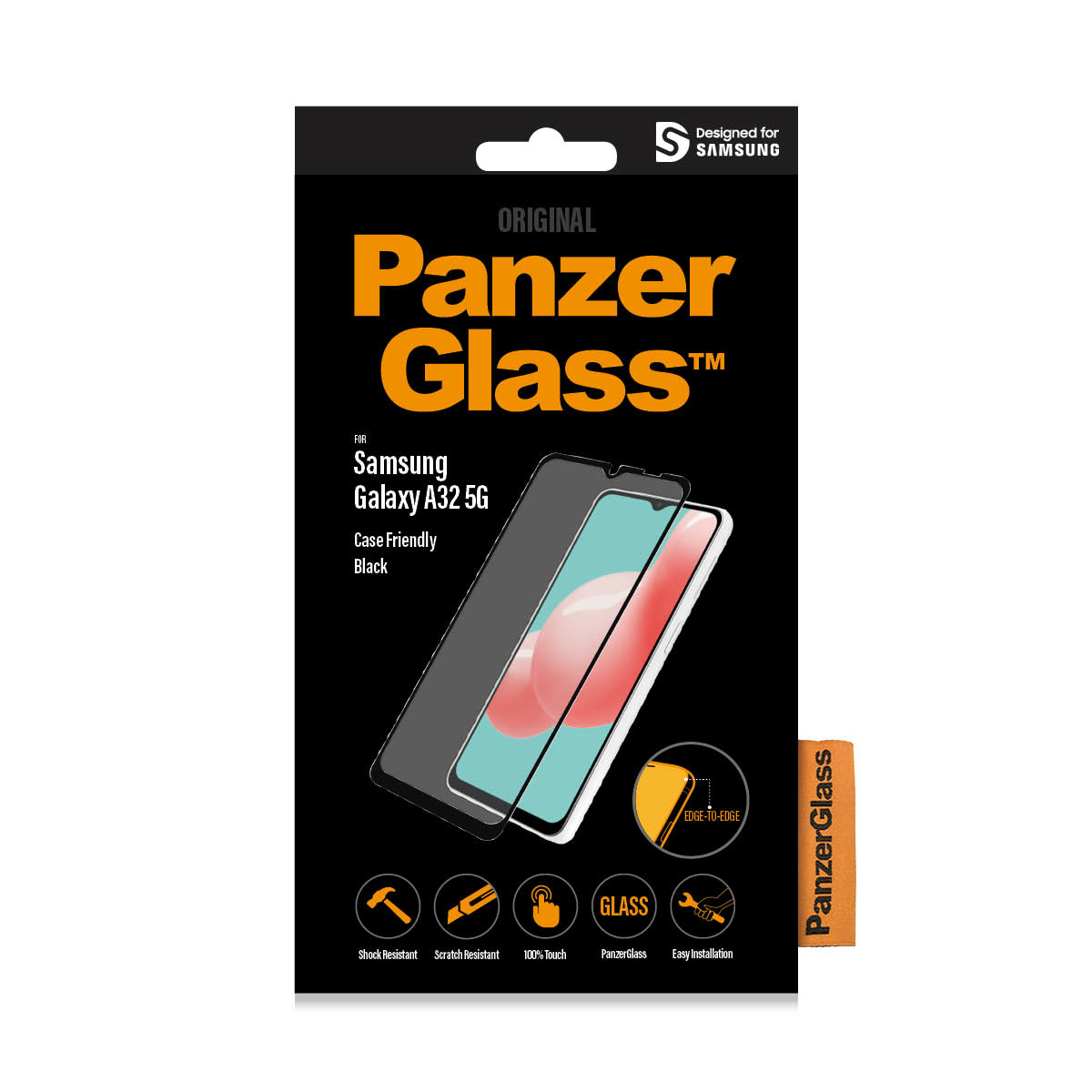 Scatola del proteggi schermo PanzerGlass per Samsung Galaxy A32 5G. La scatola è nera con un'immagine del telefono.