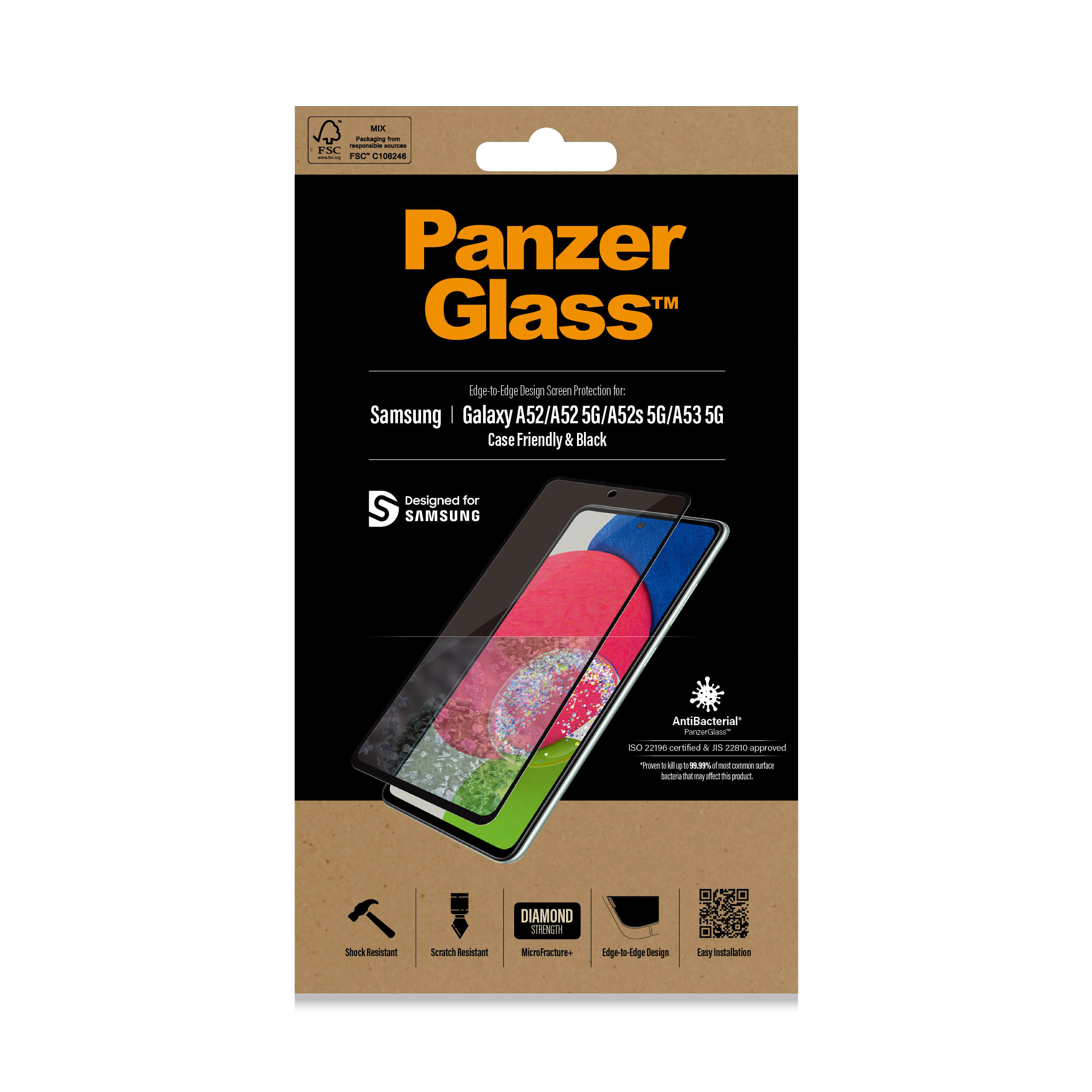 Protezione schermo PanzerGlass per Samsung Galaxy A52/A52S/A53/A53 5G. Scatola marrone.