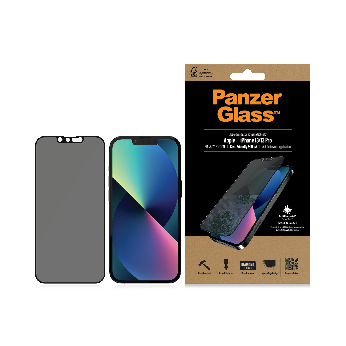 Confezione per un proteggi schermo Panzer Glass. Mostra un telefono e il proteggi schermo.