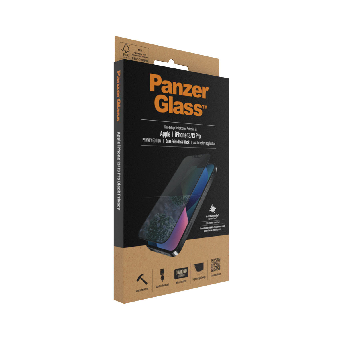 Scatola di protezione schermo PanzerGlass iPhone 13/13 Pro, edizione privacy nera.