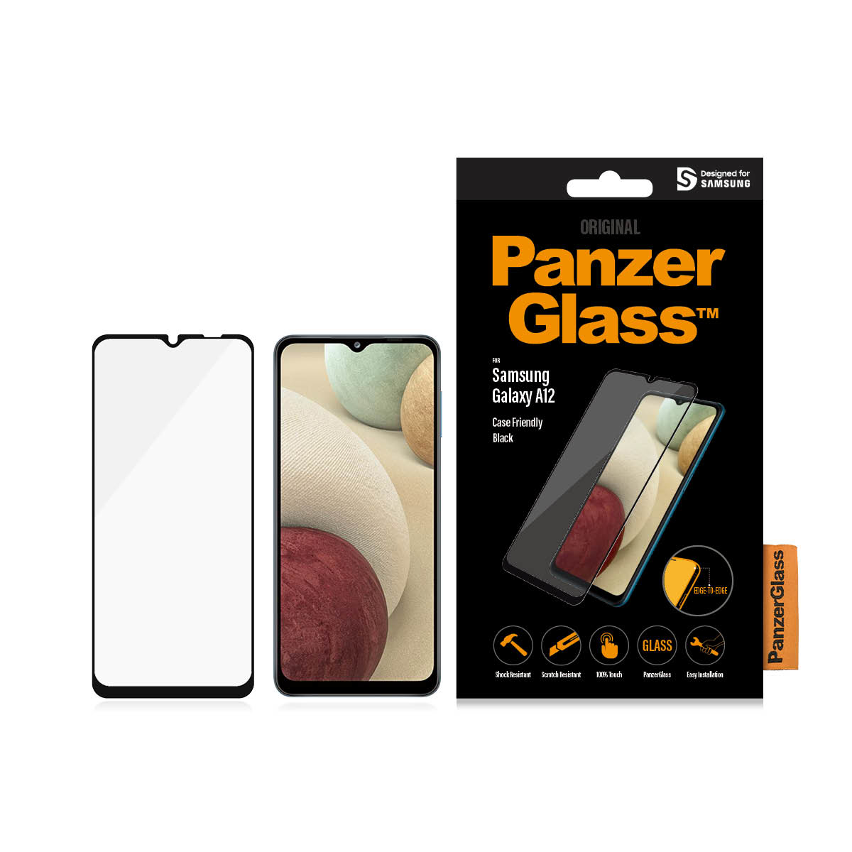 Zwei Handys und eine PanzerGlass-Verpackung für ein Samsung Galaxy A12. Weißer Hintergrund.