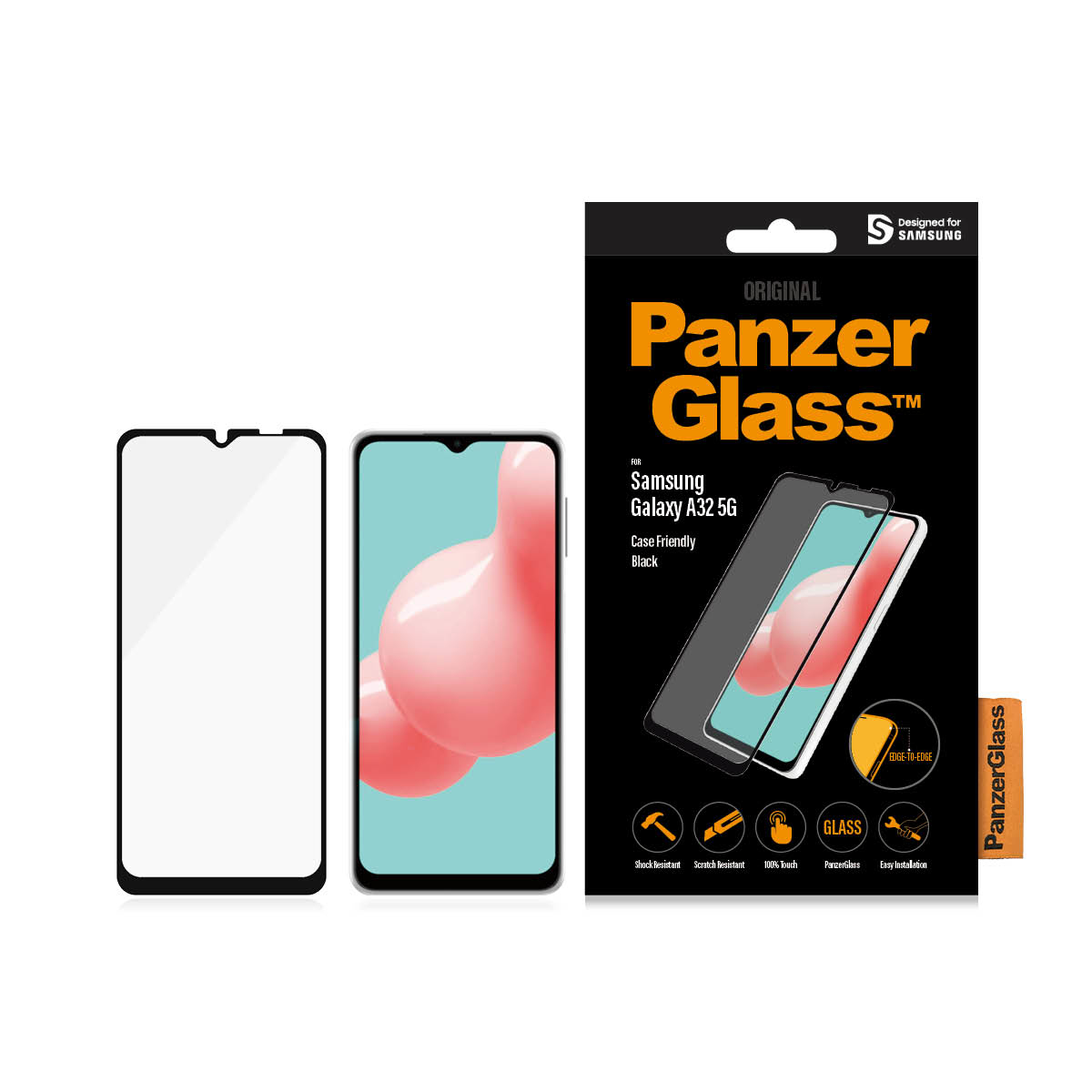 Due telefoni e una confezione di protezione schermo PanzerGlass. Mostra vetro nero compatibile con Samsung Galaxy A32 5G.