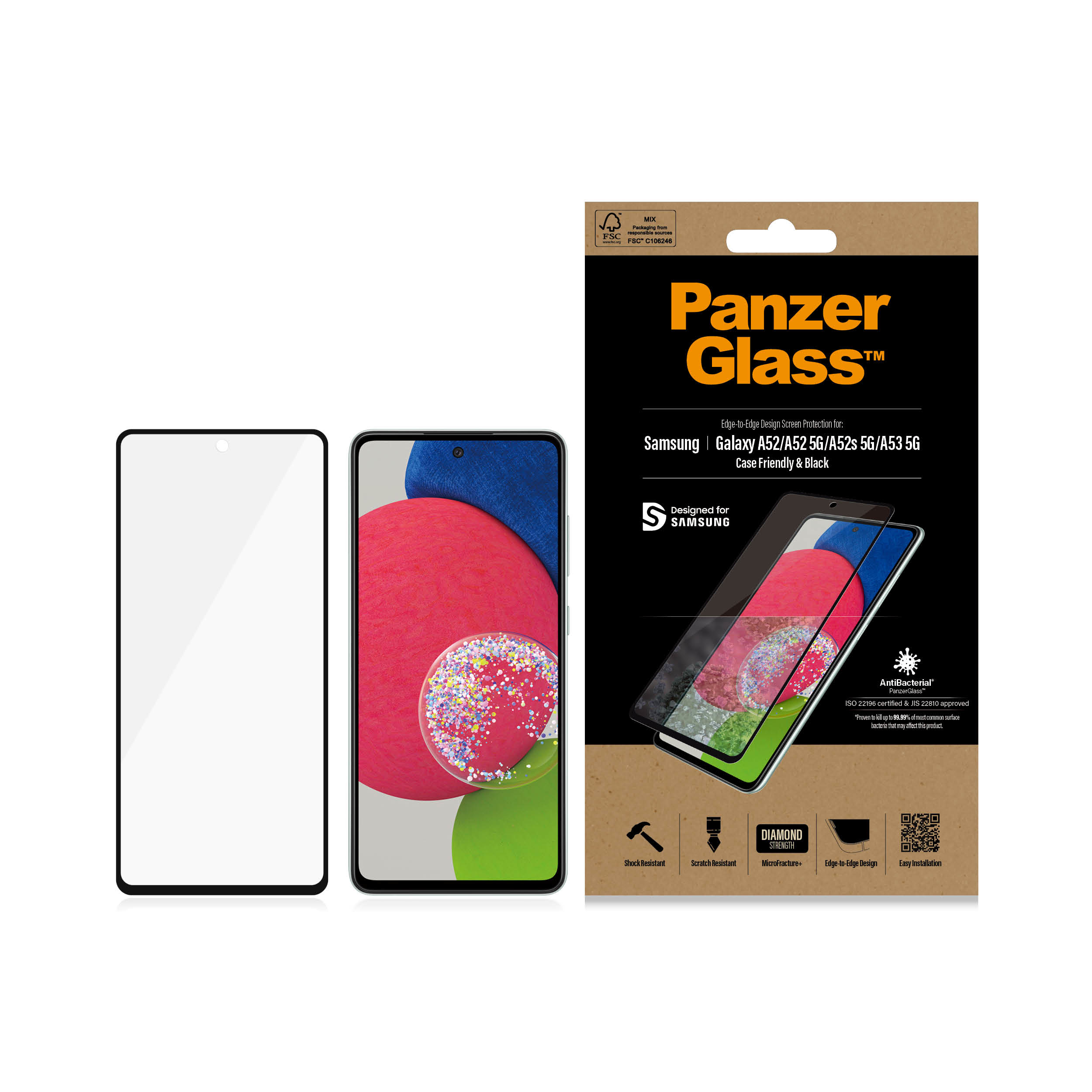 Scatola e protezione schermo Panzer Glass. La scatola è bianca e nera, la protezione è trasparente.