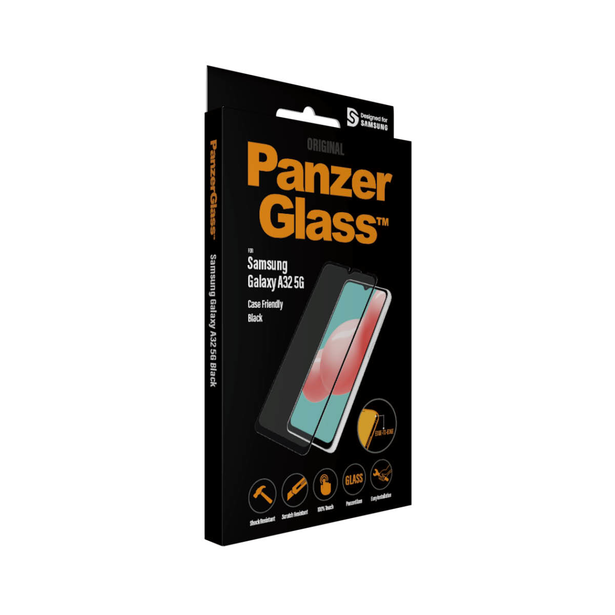 Scatola di protezione schermo Panzer Glass nera e arancione per Samsung Galaxy A32 5G.