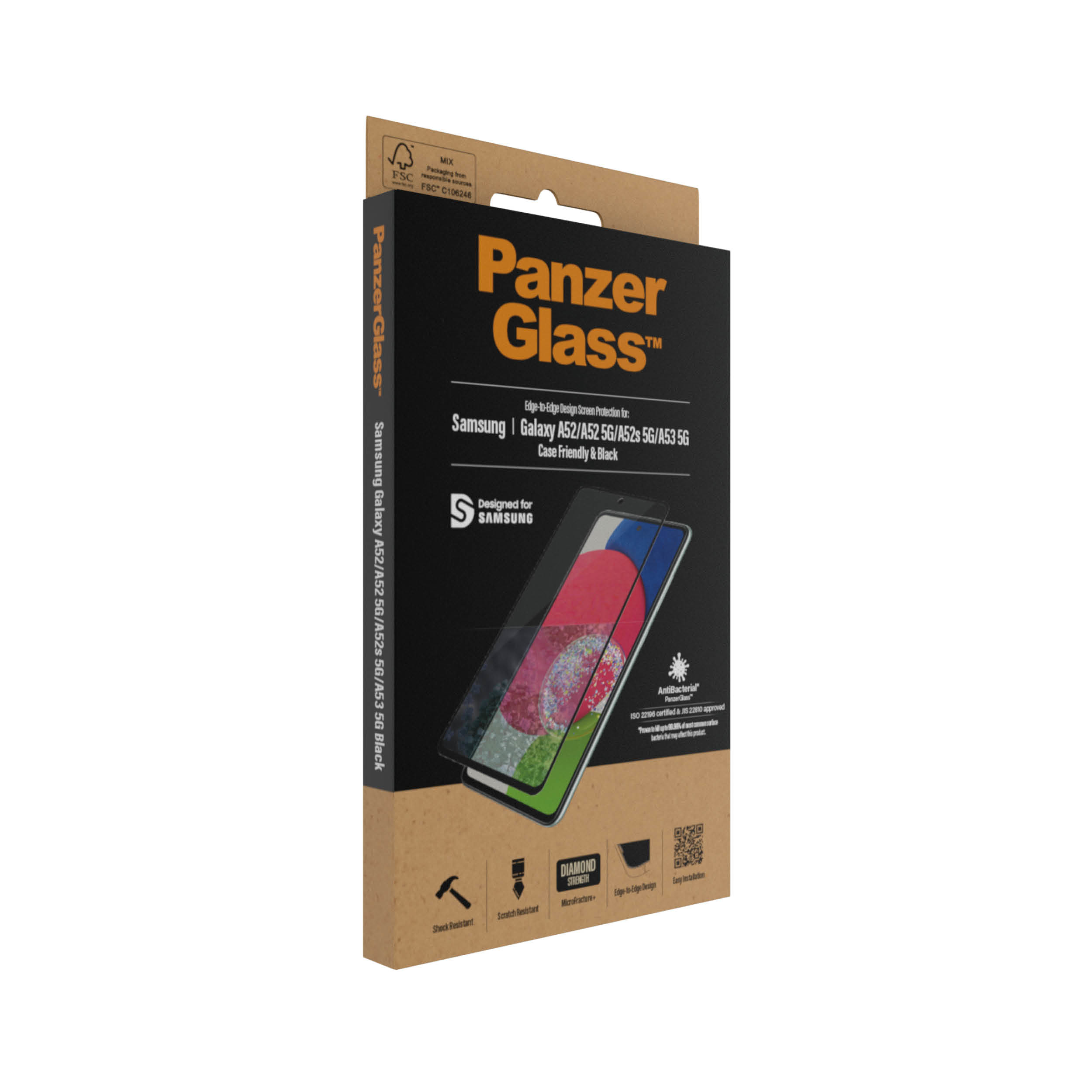 Scatola marrone Panzer Glass per Samsung Galaxy A52/A52s/A53 5G. Include un proteggi schermo.