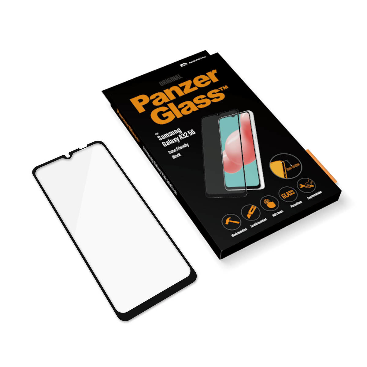 Una scatola di protezione dello schermo per un Samsung Galaxy A32 5G. Mostra un telefono con la protezione.