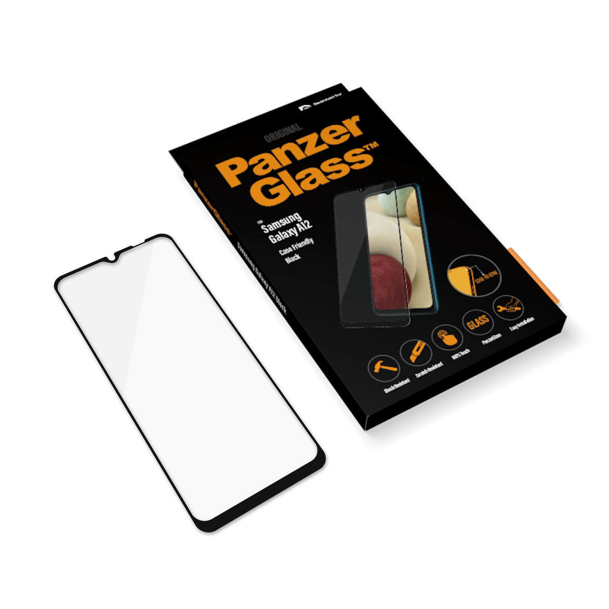 Ein Displayschutz und eine PanzerGlass-Verpackung für ein Samsung Galaxy A12.