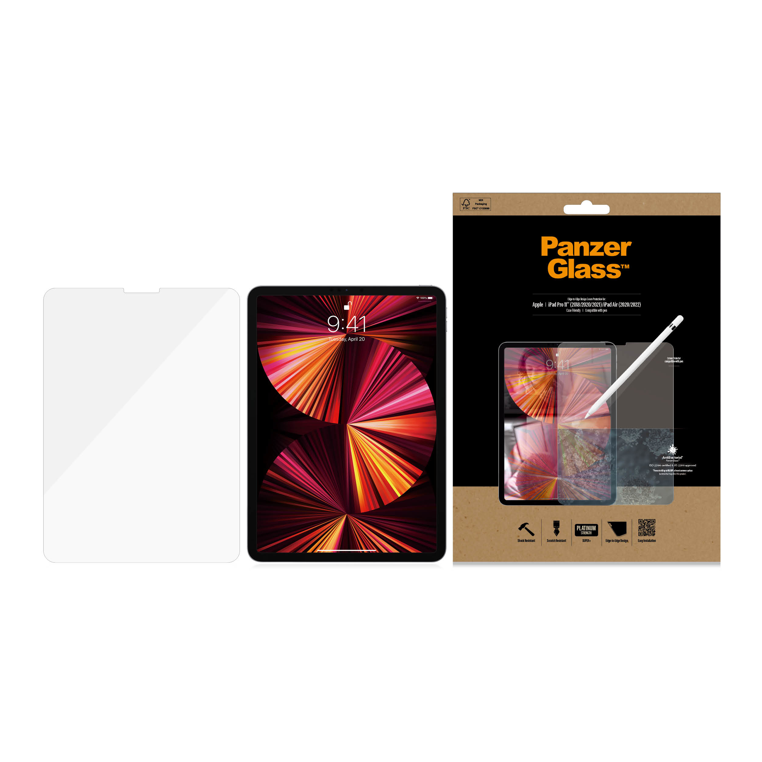 iPad und Displayschutzverpackung. Die Verpackung zeigt das iPad mit aufgebrachtem Displayschutz.