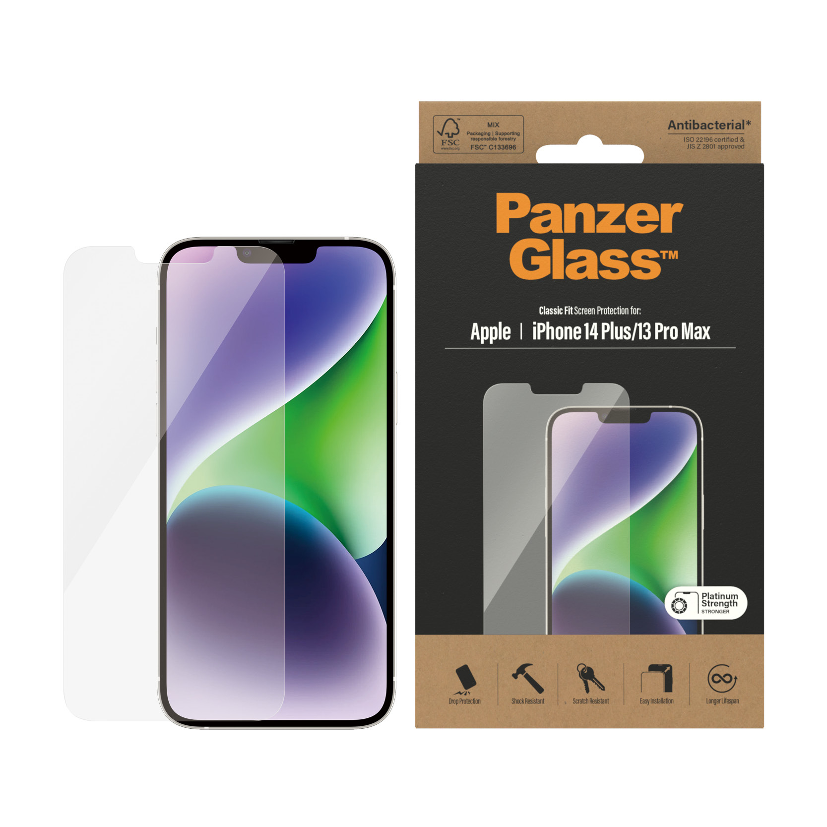 Pudełko ochronne ekranu Panzer Glass do iPhone 14 Plus/13 Pro Max, z telefonem.